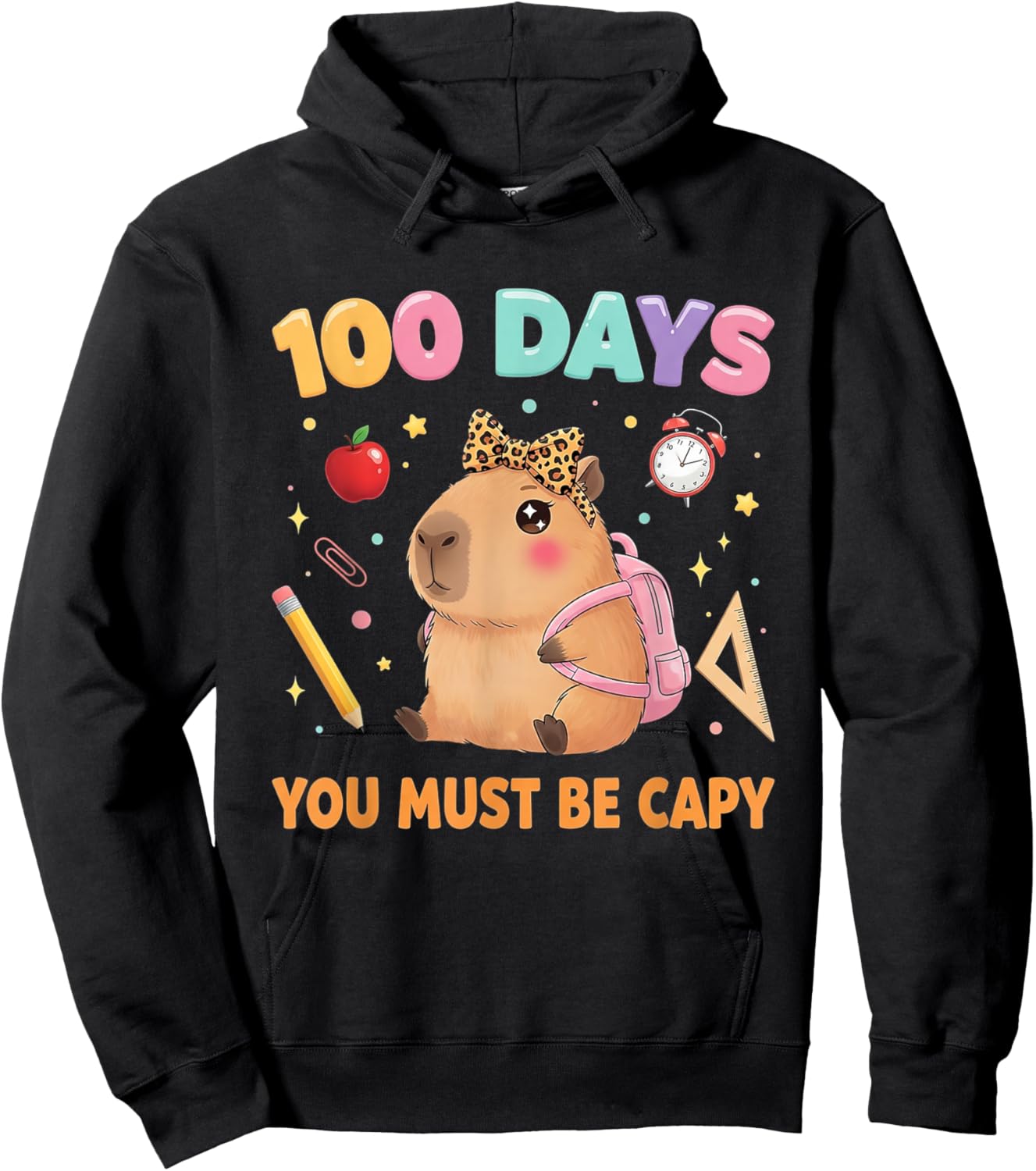 Cute 100 Days of School Capybara with Leopard Bow Teacher Hoodie - Hoodie | Black