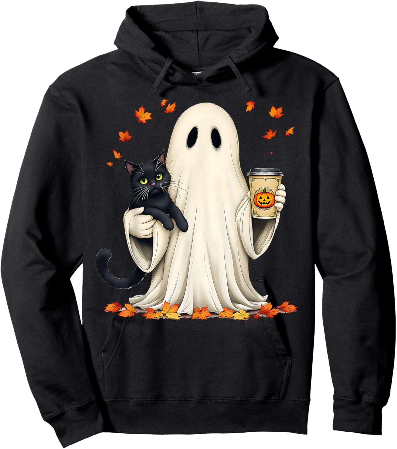 Ghost Holding a Cat with Pumpkin Coffee Halloween & Autumn Hoodie - Hoodie | Black
