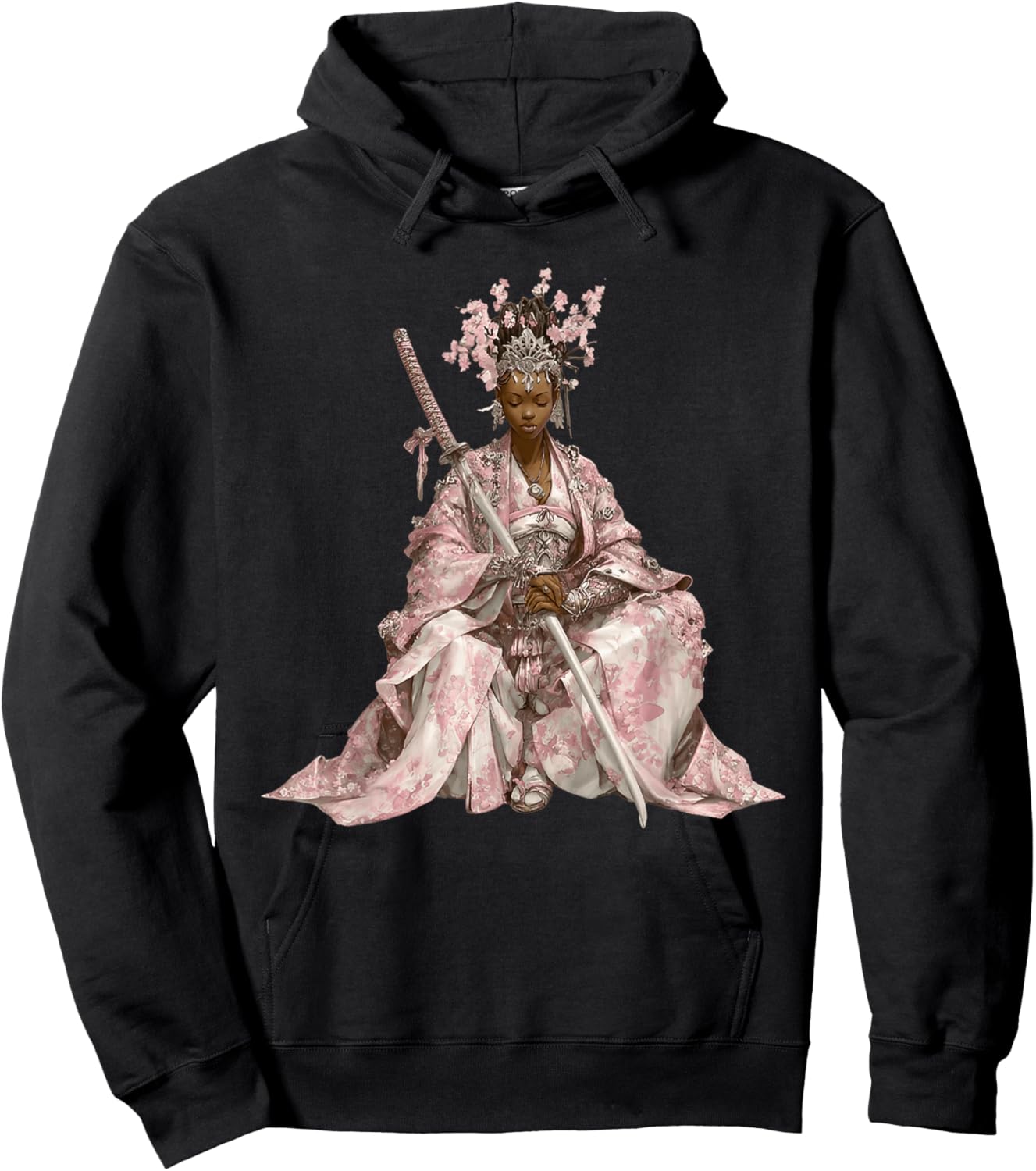 African Cherry Blossom Samurai Queen with Pink Kimono Hoodie - Hoodie | Black