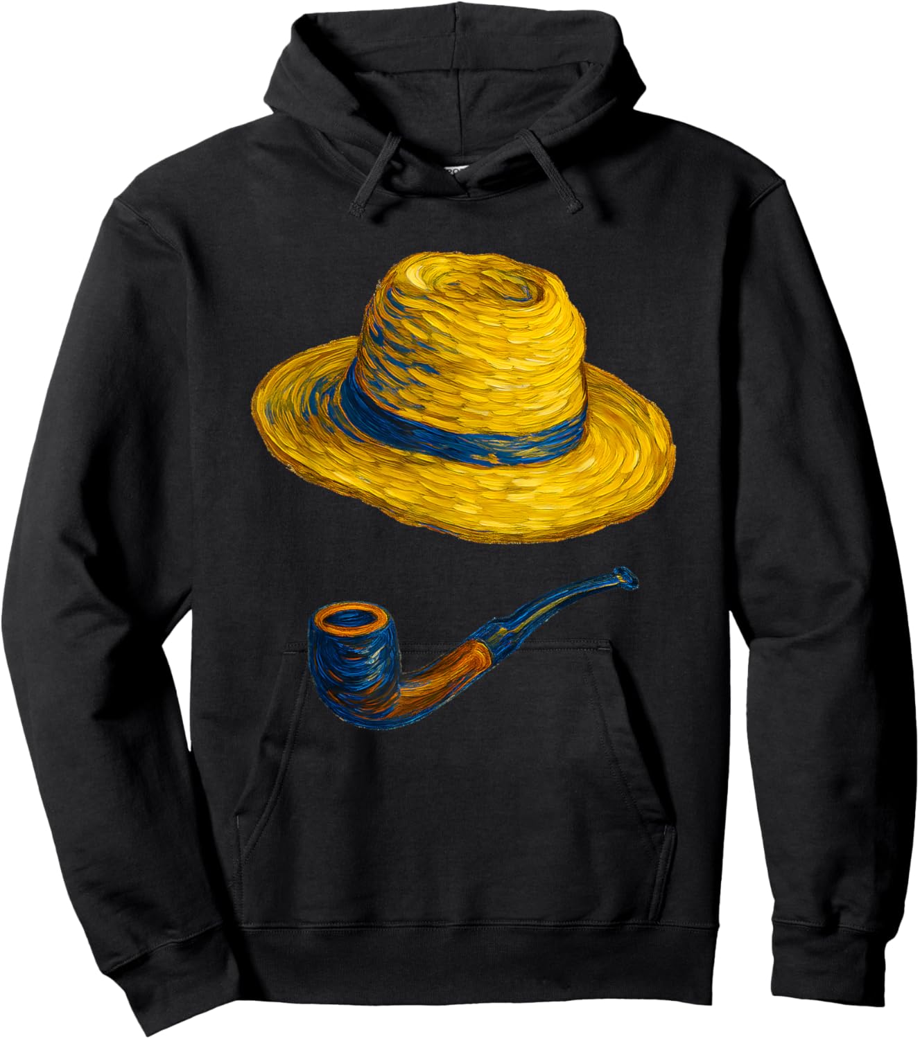 Straw Hat and Blue Pipe Van Gogh Style Art Painting Hoodie - Hoodie | Black