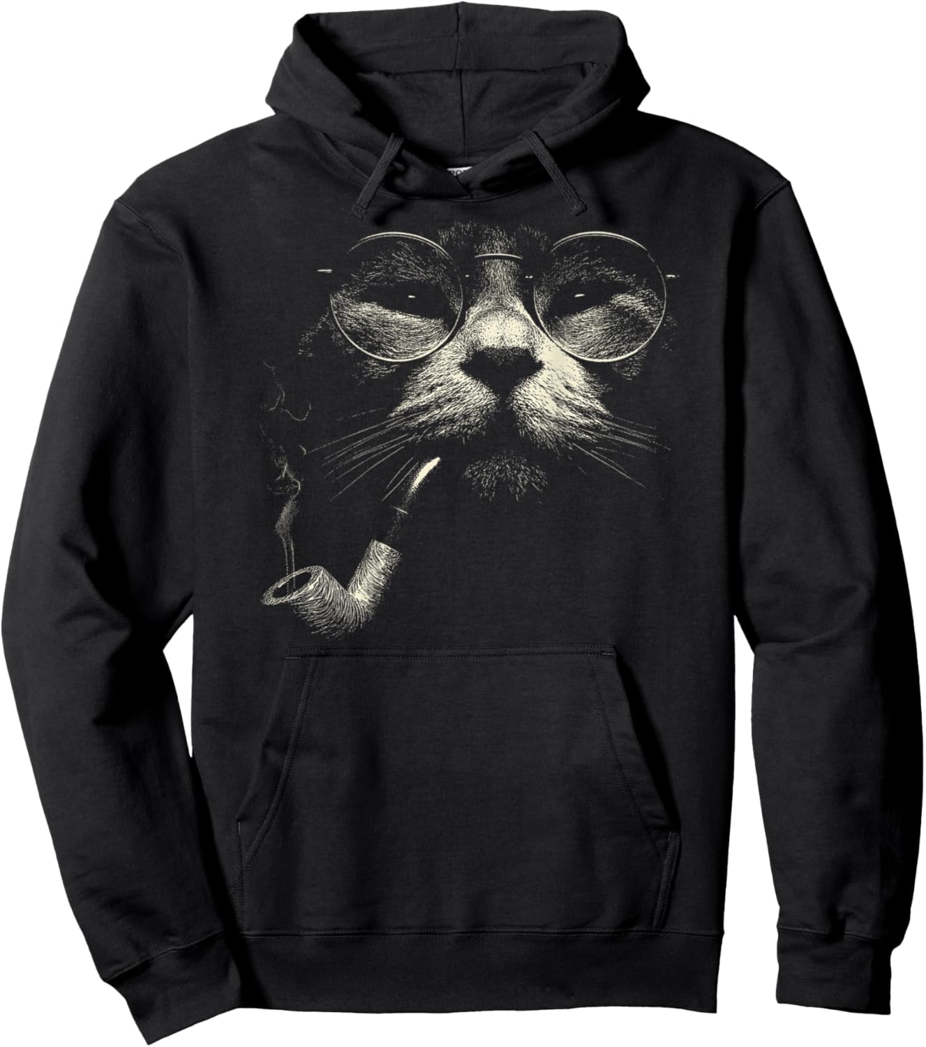 Cat Smoking Pipe Glasses Vintage Meme Grunge 90s ON Back Hoodie - Hoodie | Black
