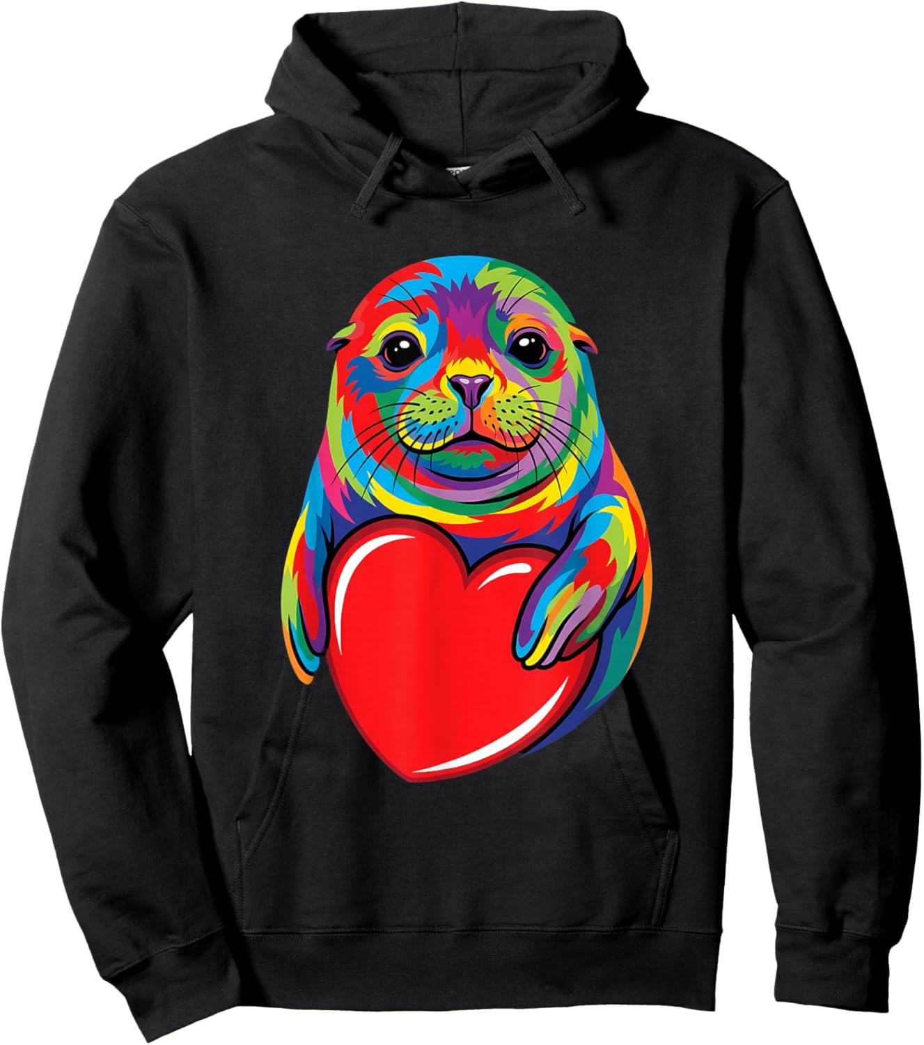 Seal Hugging Valentine Heart Color Critters Rainbow Hoodie - Hoodie | Black
