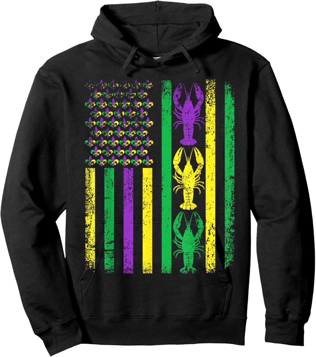 Retro Mardi Gras USA American Flag Crawfish Parade Men Women Hoodie - Hoodie | Black