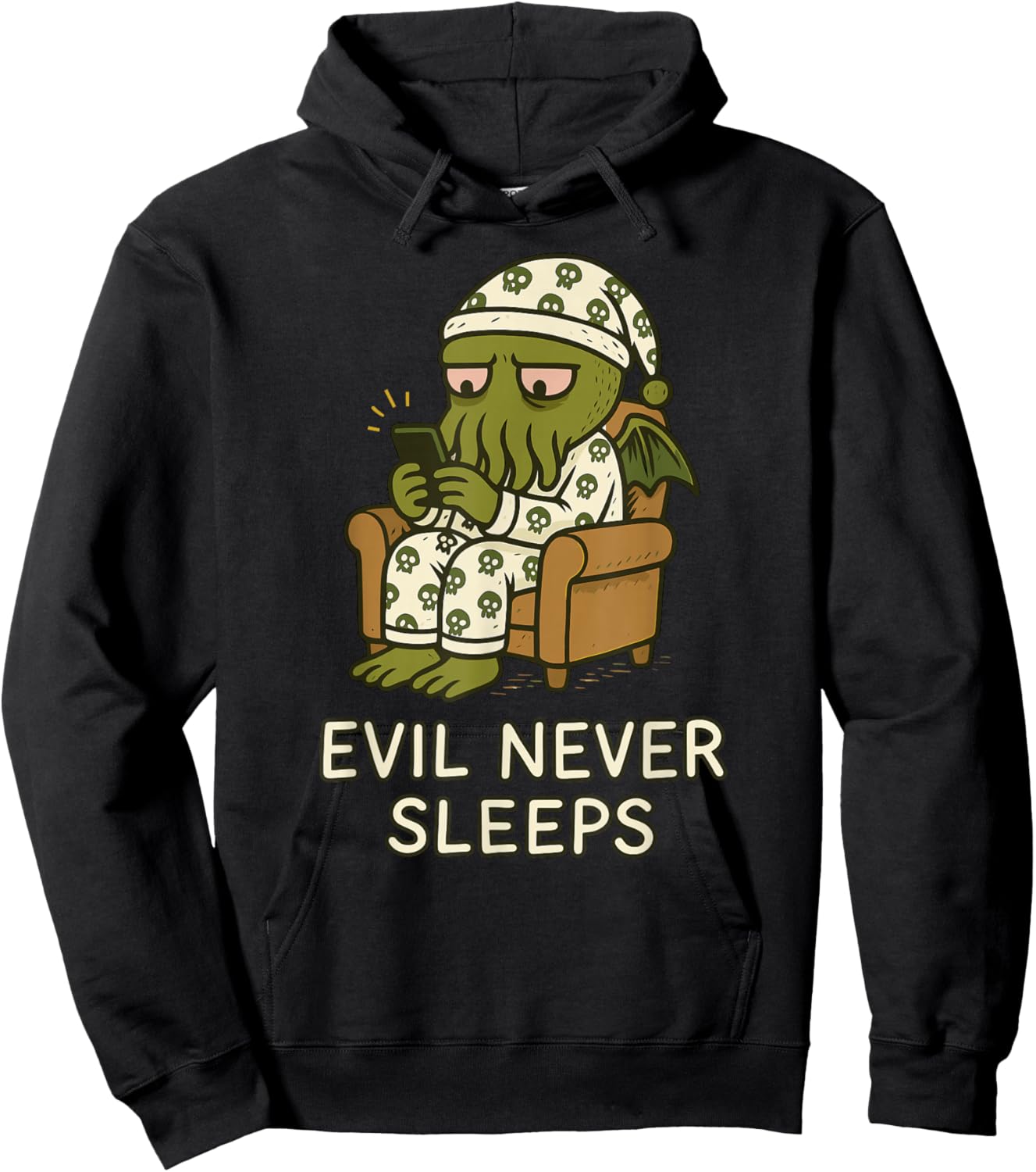Evil Never Sleeps, Lovecraftian Doomscrolling Cthulhu Pajama Hoodie - Hoodie | Black