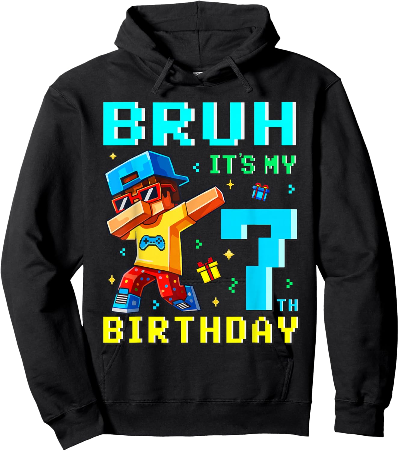 7 Year Old Birthday Boy Bruh It's My 7th Birthday Game Pixel Hoodie - Hoodie | Black