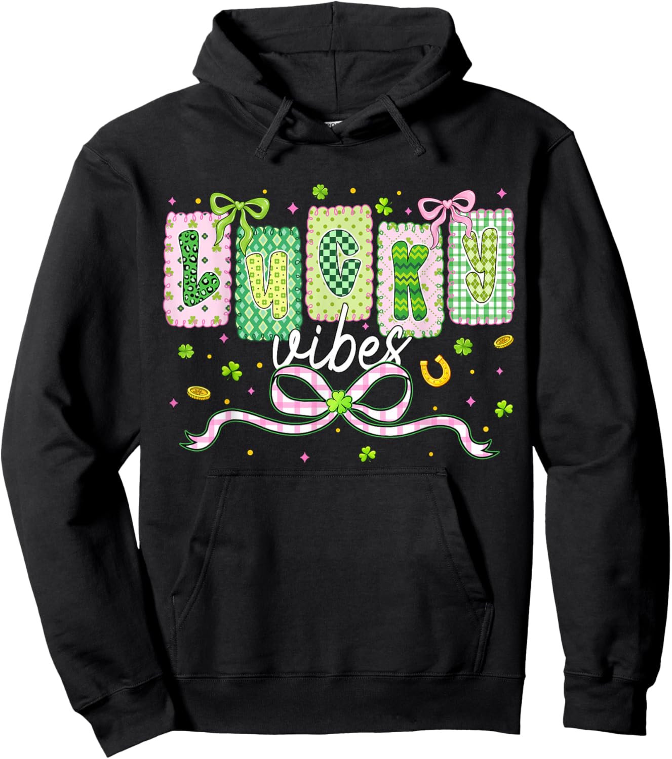 Preppy St Patricks Day Lucky Vibes Shamrock Women Girls Kids Hoodie - Hoodie | Black