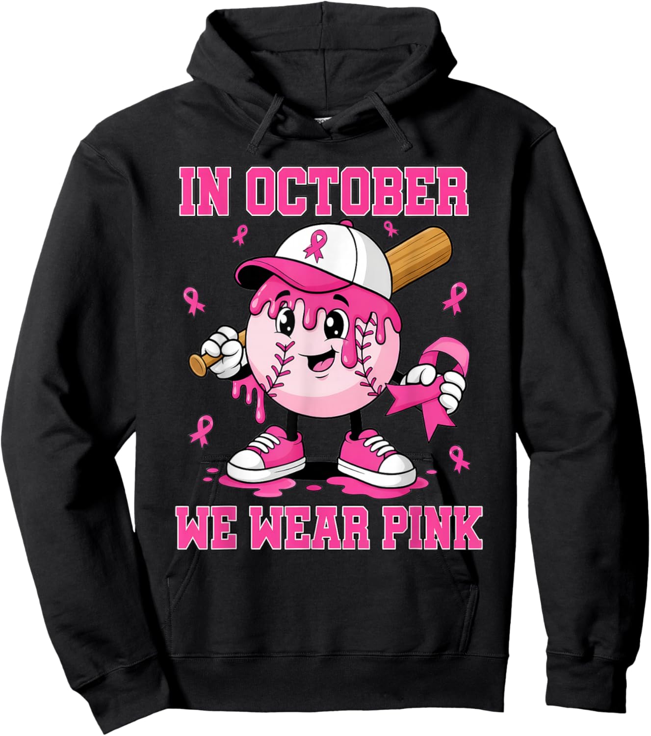 in October we wear Pink Baseball Drip Boy Breast Cancer Hoodie - Hoodie | Black