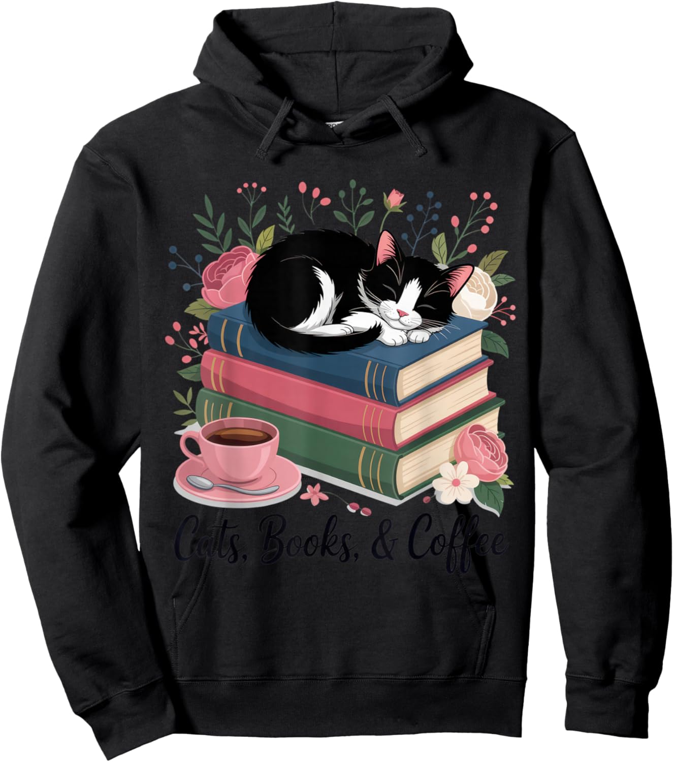 Cats, Books, & Coffee for Cat Lovers in Relaxed Weekend Hoodie - Hoodie | Black
