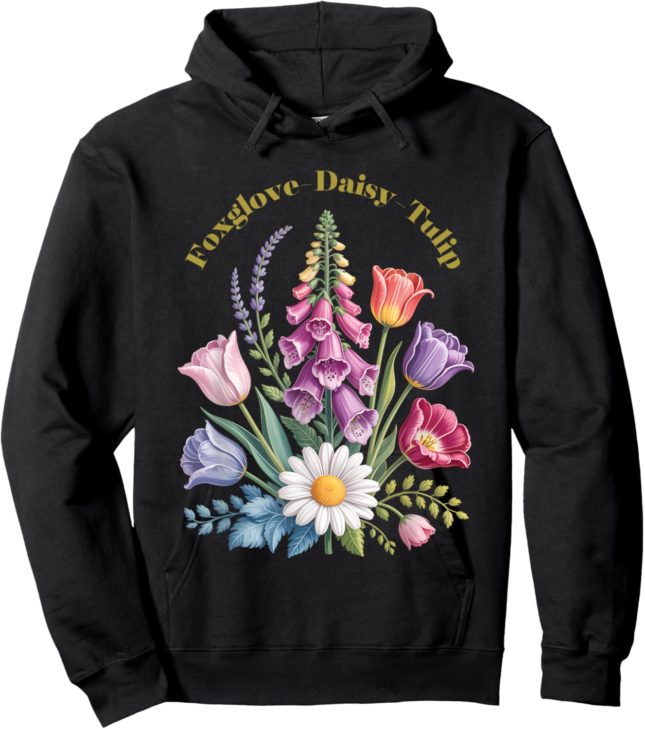 Foxglove Daisy Tulip Wildflower Vibes Design Hoodie - Hoodie | Black