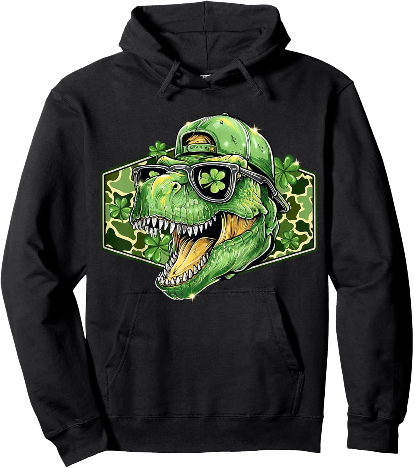Camo T-rex Dinosaur Shamrock St Patricks Day Men Boys Kids Hoodie - Hoodie | Black