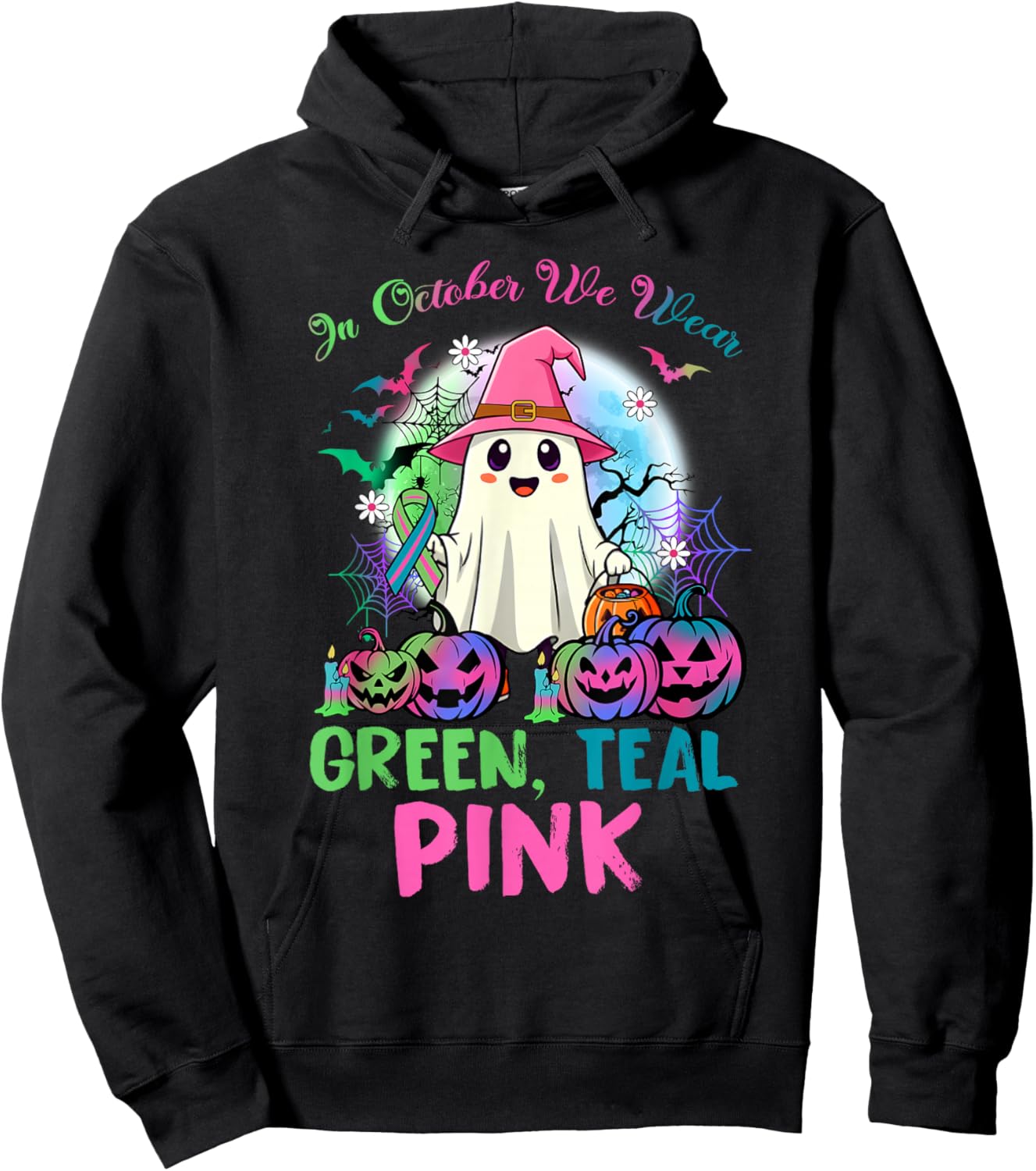 in October We Wear Teal Pink Halloween Metastatic Breast Can Hoodie - Hoodie | Black
