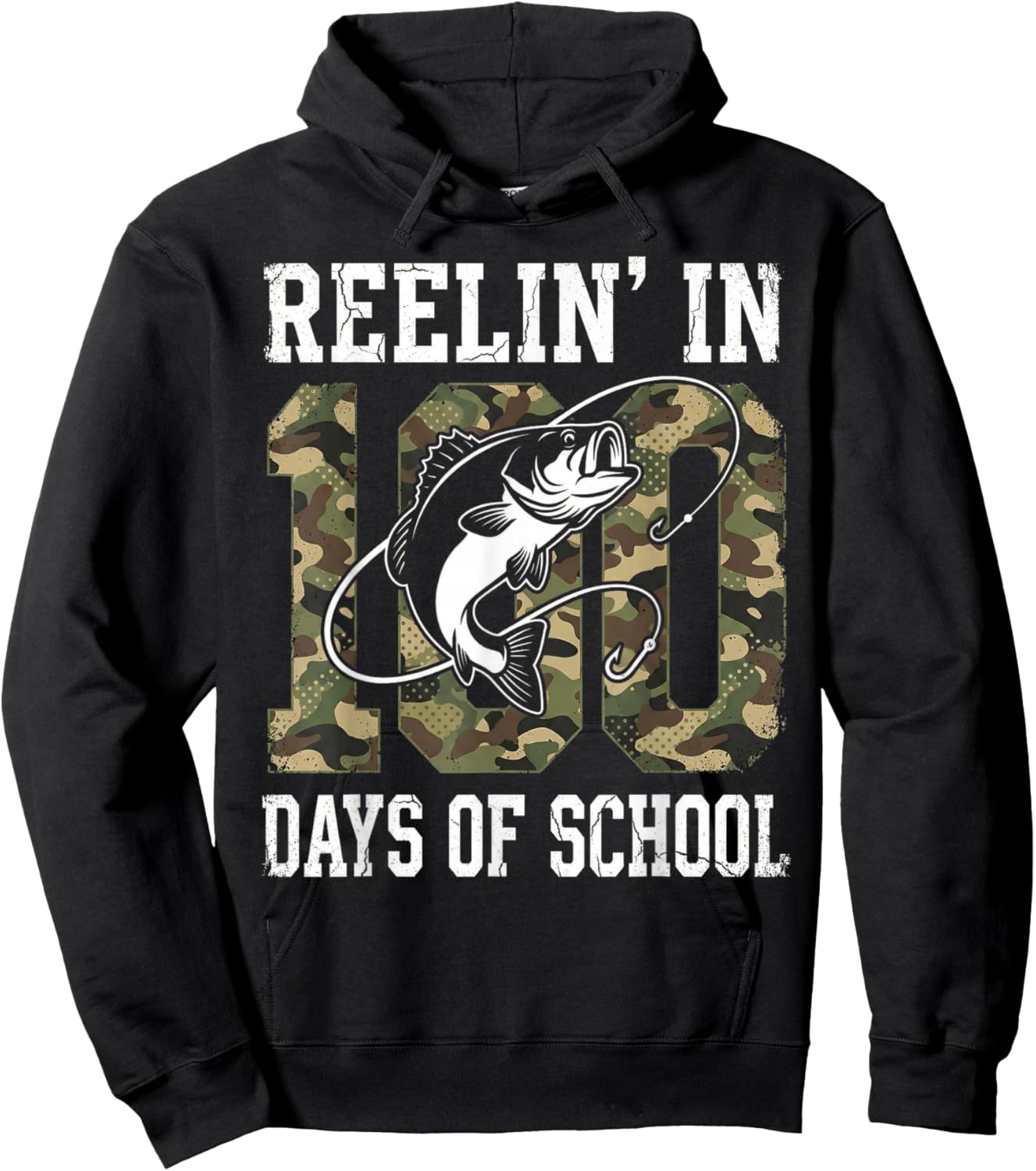Reelin' in 100 Days of School Bass Camo Fishing Lover Boys Hoodie - Hoodie | Black