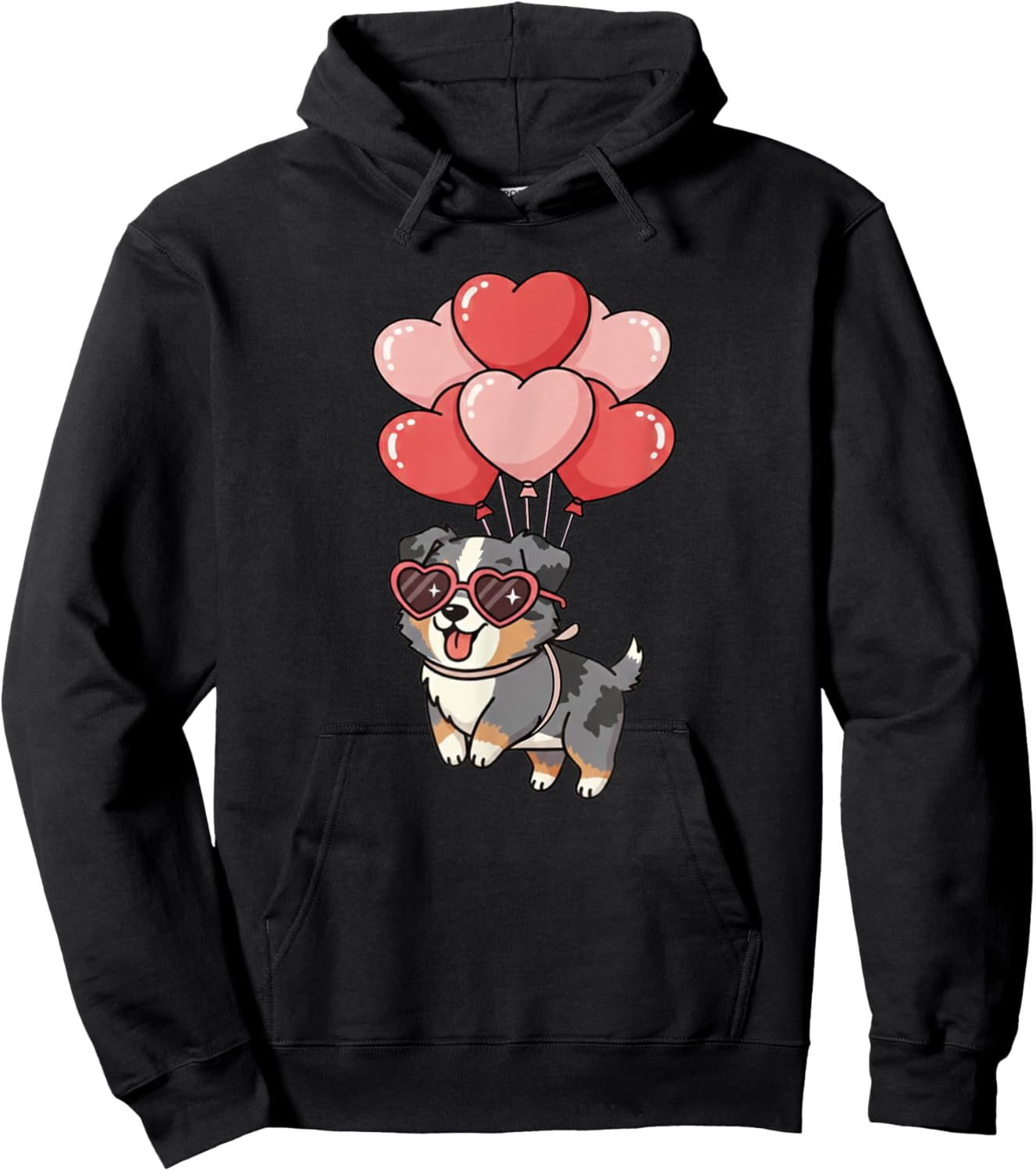 Valentines Day Heart Balloons Blue Merle Australian Shepherd Hoodie - Hoodie | Black