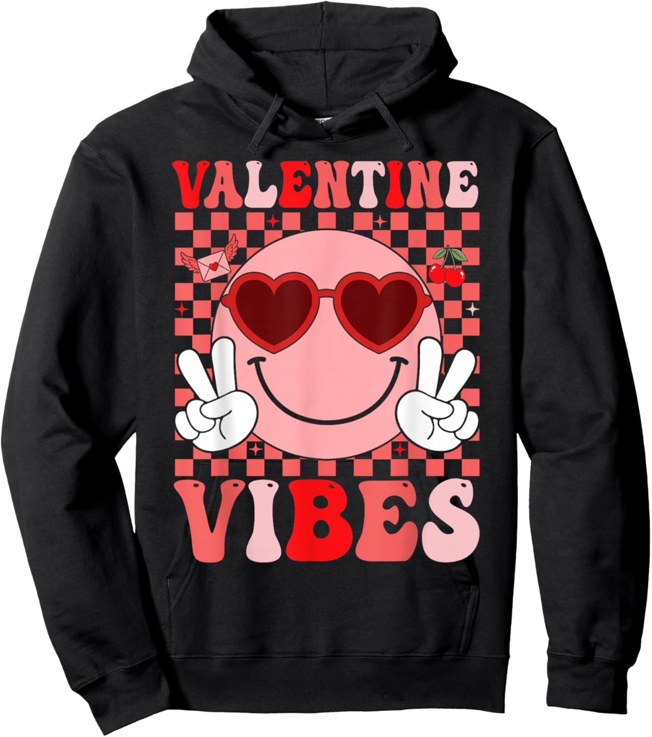 Groovy Valentine Vibes Smile Face Valentines Day Girls Women Hoodie - Hoodie | Black