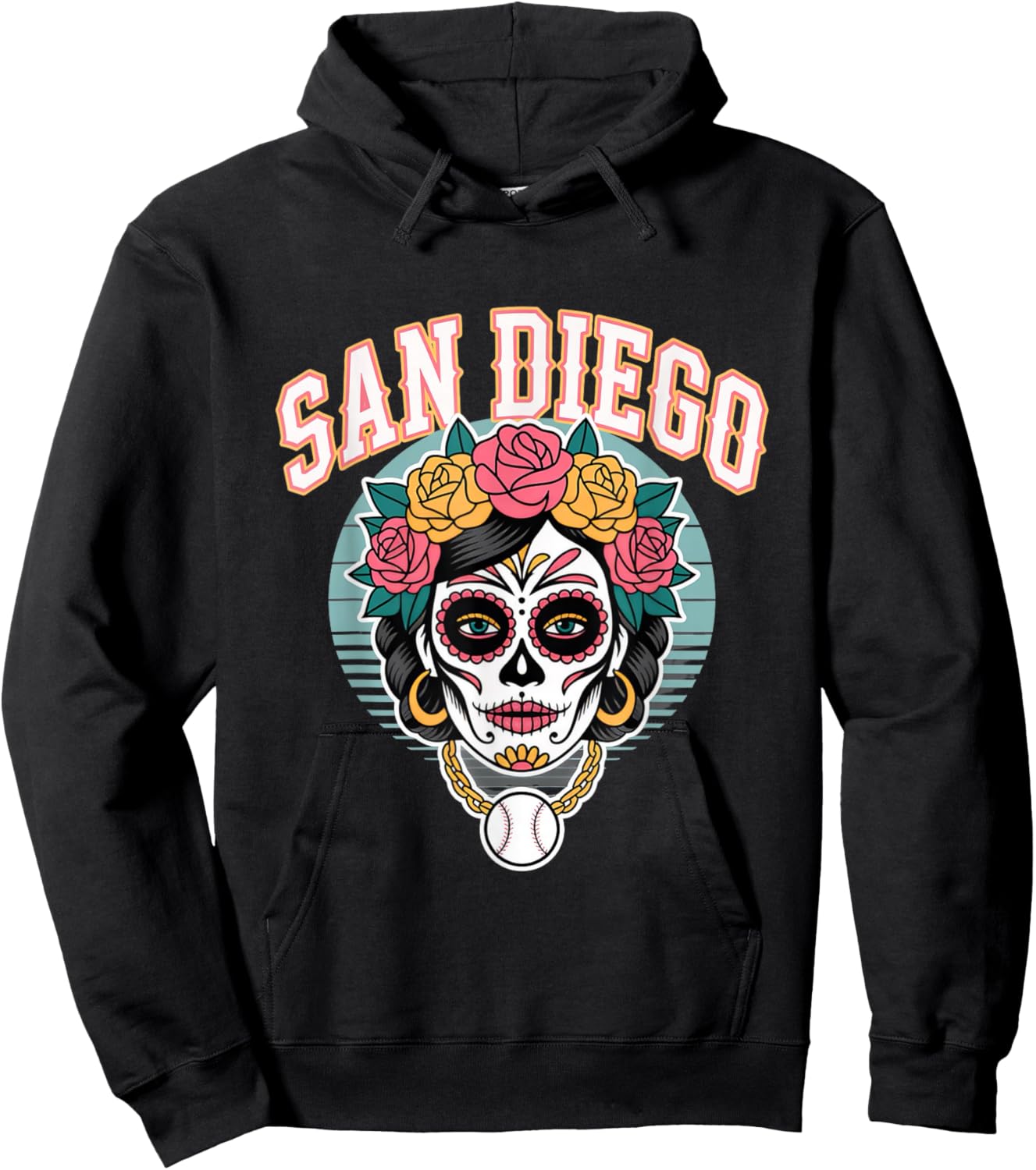 San Diego Sugar Skull Flower City Baseball Hoodie - Hoodie | Black