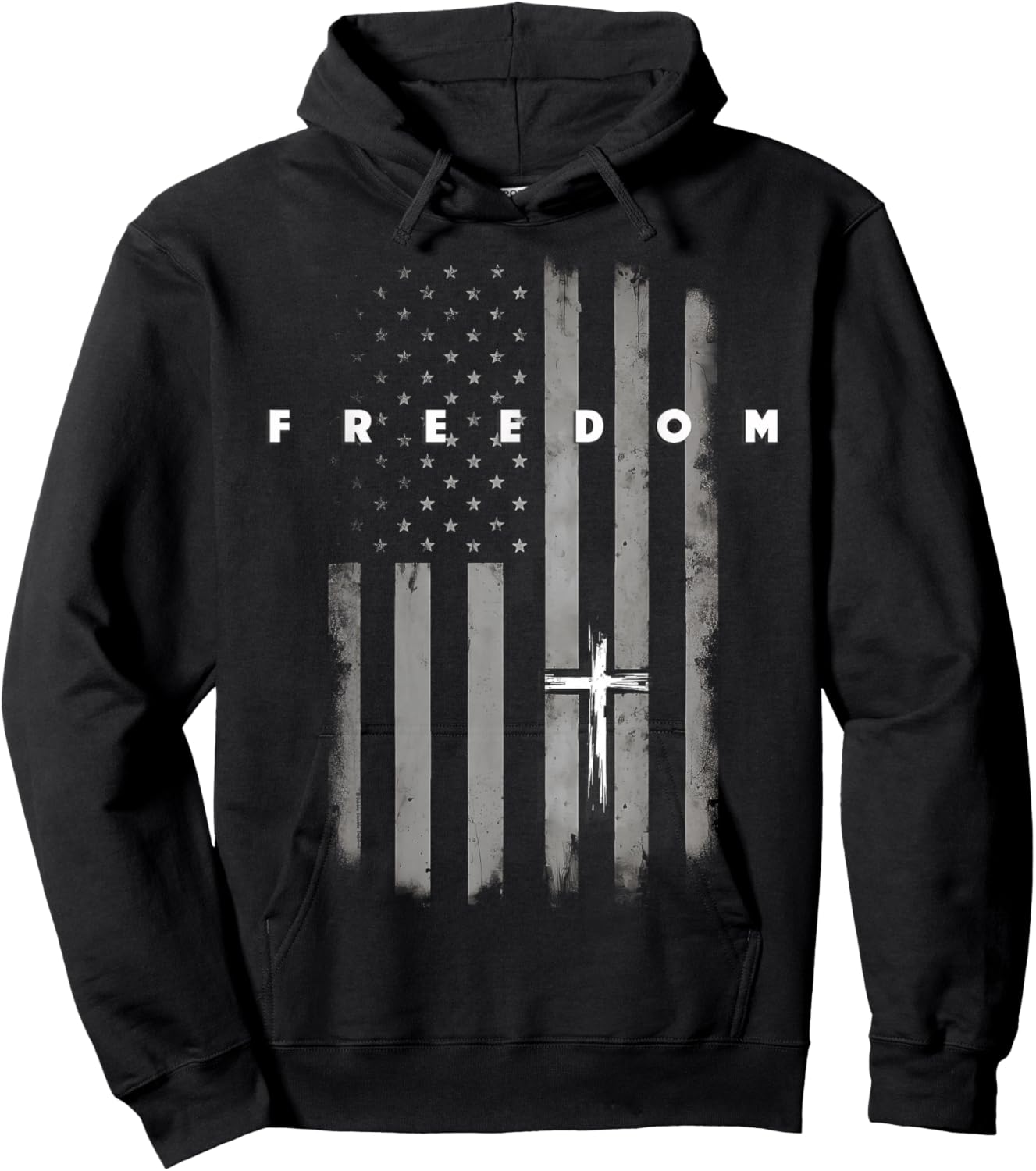 Grunge American Flag and Cross Faith Family Freedom Hoodie - Hoodie | Black