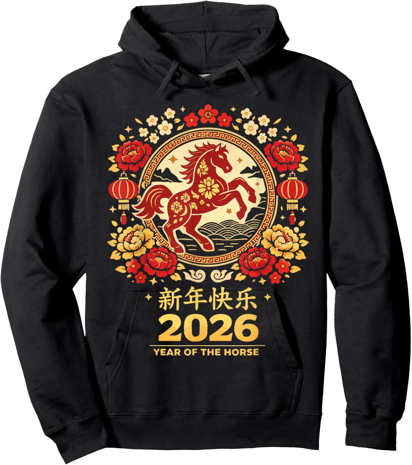 2026 Year of The Horse Red Chinese New Year Lunar Women Men Hoodie - Hoodie | Black