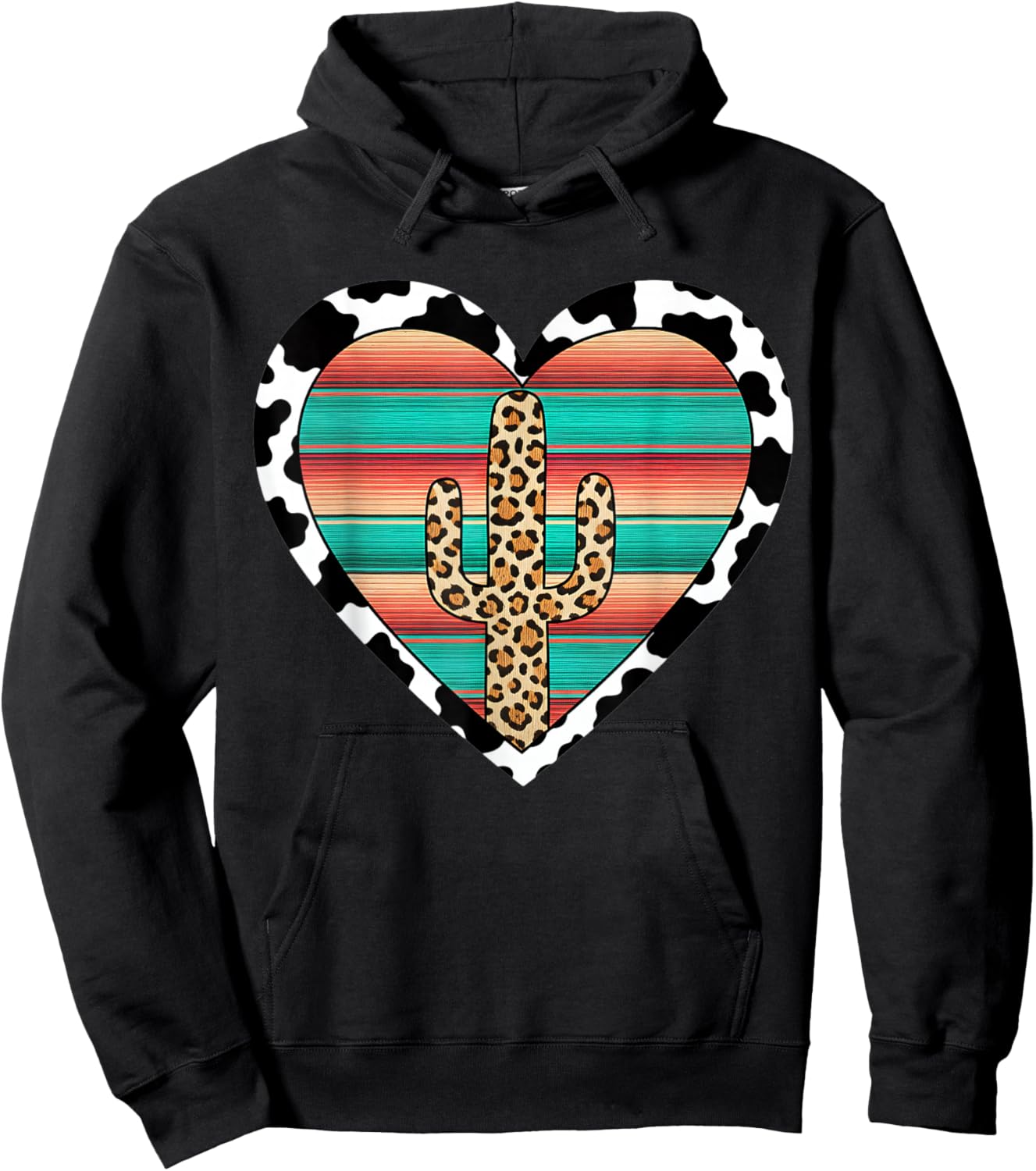 Serape Cactus Leopard Cow Print Cactus Turquoise Rustic Hoodie - Hoodie | Black