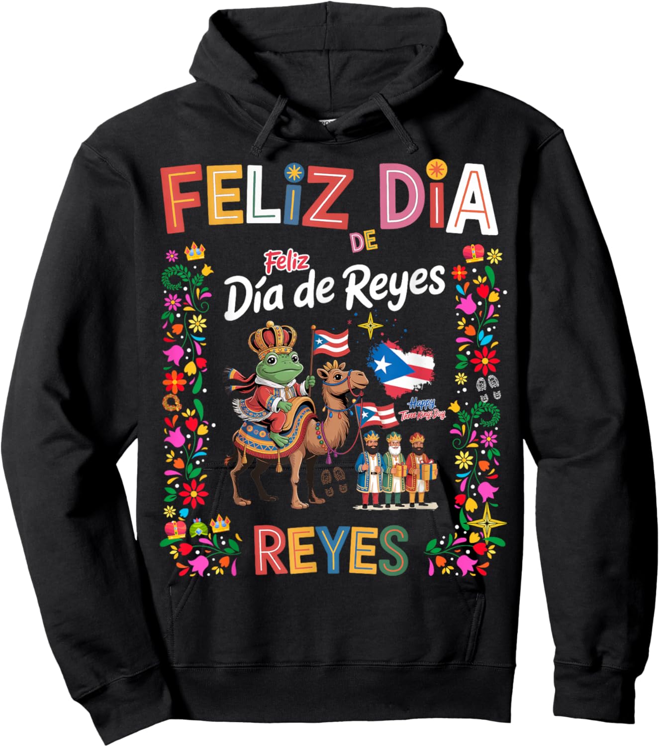 Three Kings Day Puerto Rican Women Idea & Coqui Frog Boricua Hoodie - Hoodie | Black