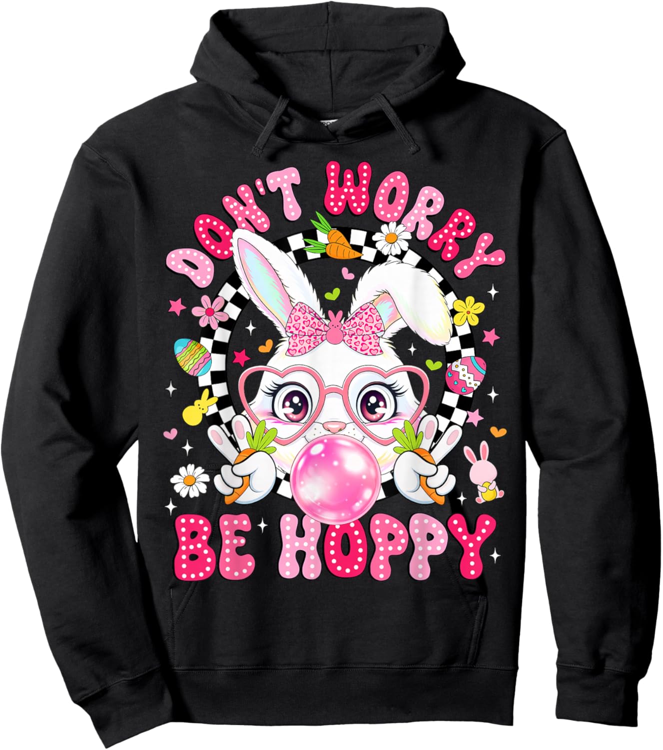 Groovy Don't Worry Be Hoppy Happy Easter Day Bunny Face Kids Hoodie - Hoodie | Black