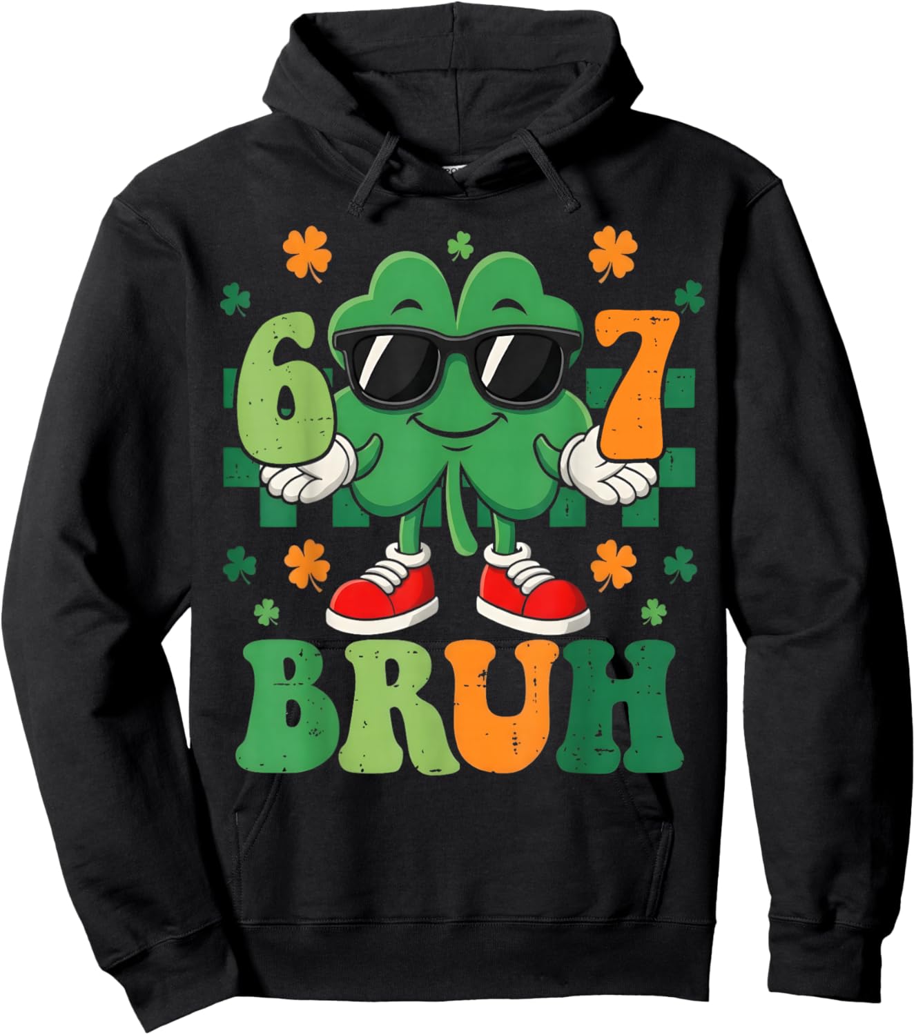Six Seven Bruh Meme 67 St Patricks Day Shamrock Boys Girls Hoodie - Hoodie | Black