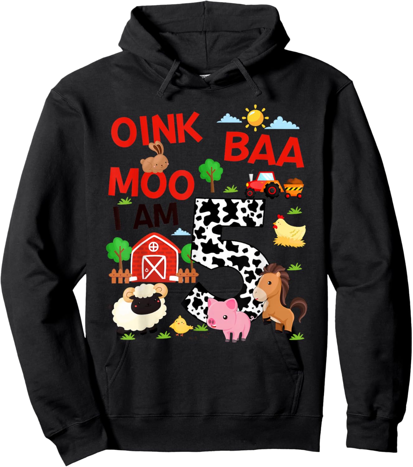 5 Year Old Farmer Lover 5th Birthday Farm Animals Theme Hoodie - Hoodie | Black