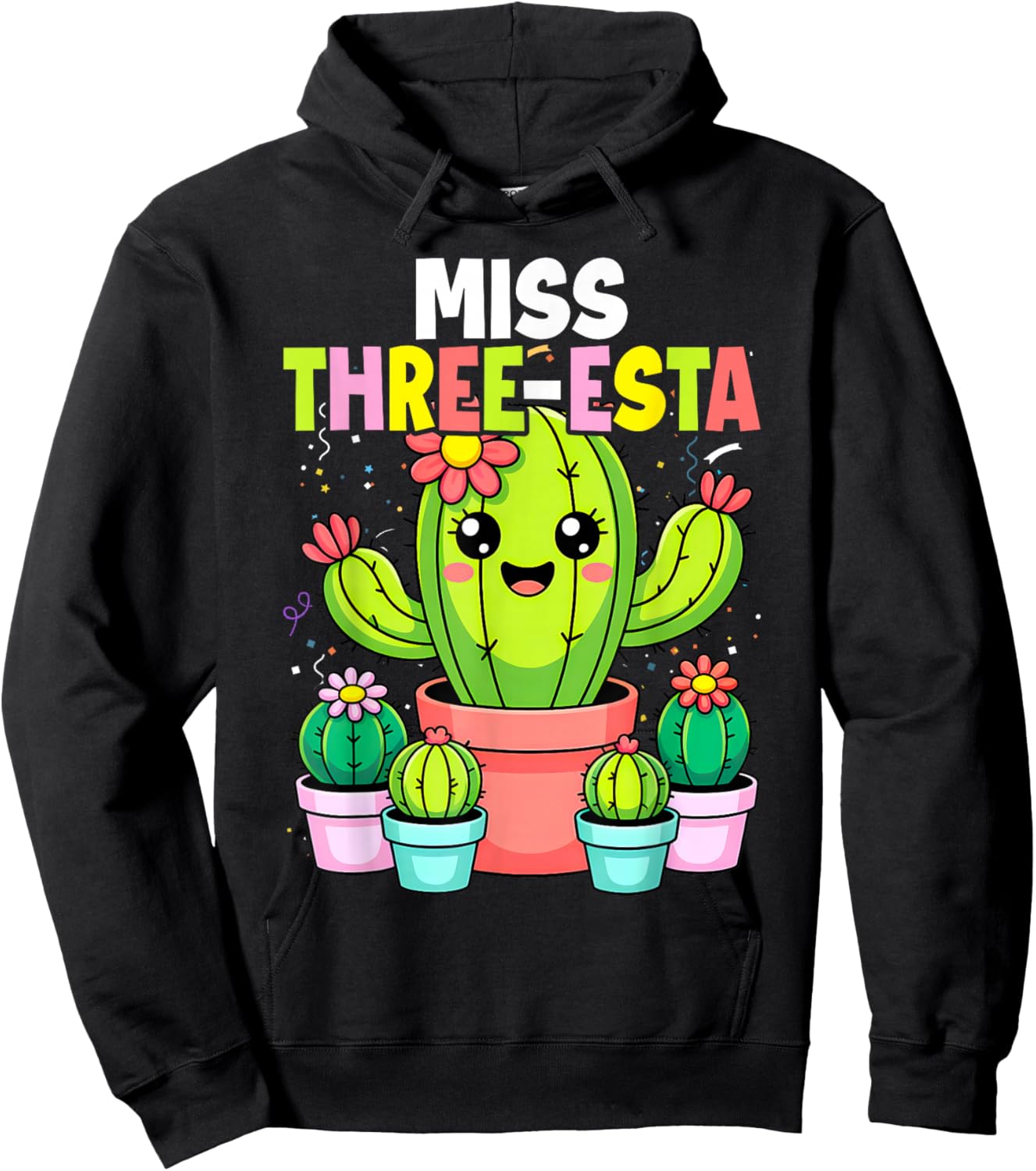 3rd Birthday Cactus Miss Three Esta 3 Year Old Bday Girls Hoodie - Hoodie | Black