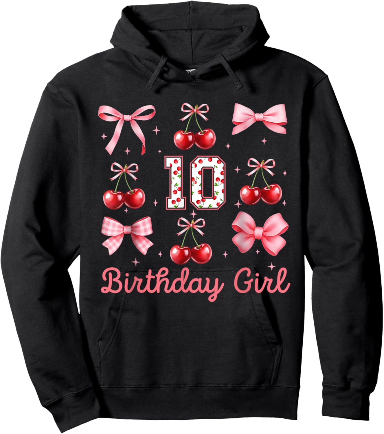 10th Birthday Girl Cherry Coquette Bow 10 Year Old Girls Hoodie - Hoodie | Black