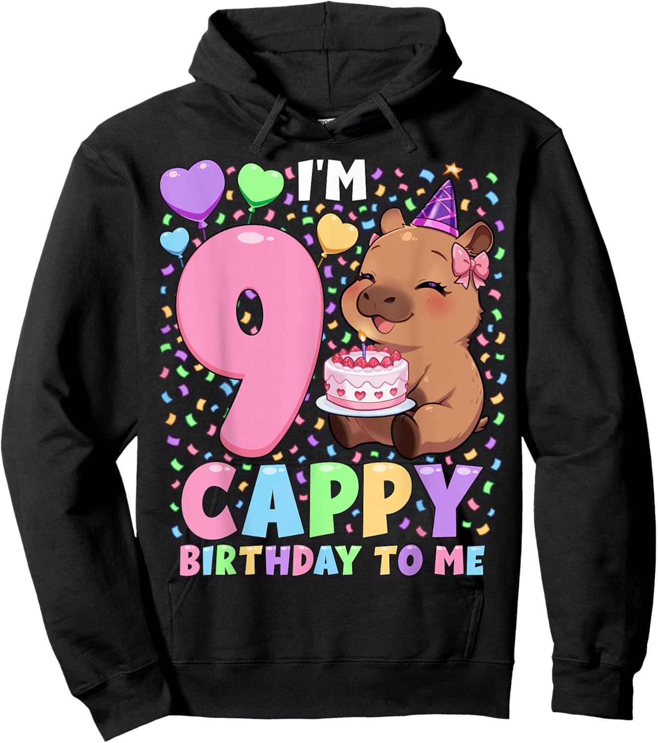 Capybara Birthday Shirt 9 Kawaii Girl Capybara 9th Birthday Hoodie - Hoodie | Black