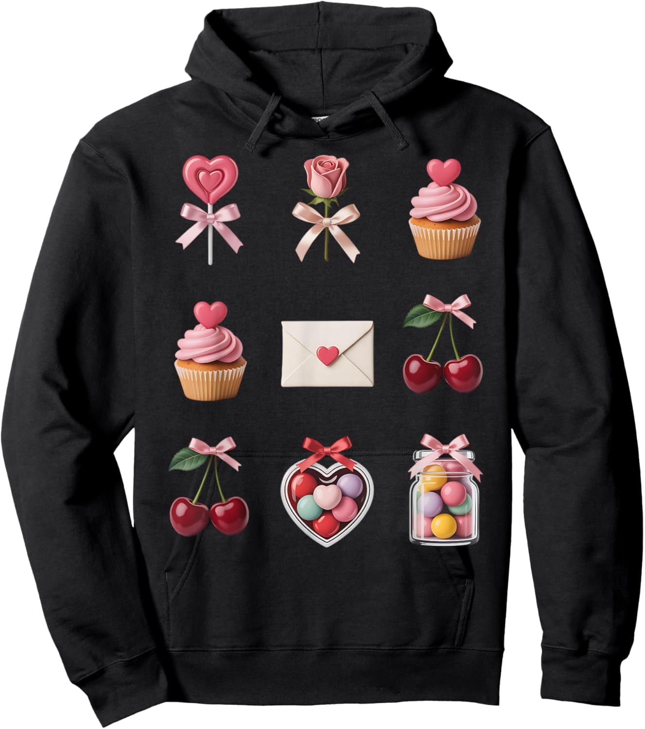 Valentine Coquette Bow Heart Chocolate Strawberry Cherries Hoodie - Hoodie | Black