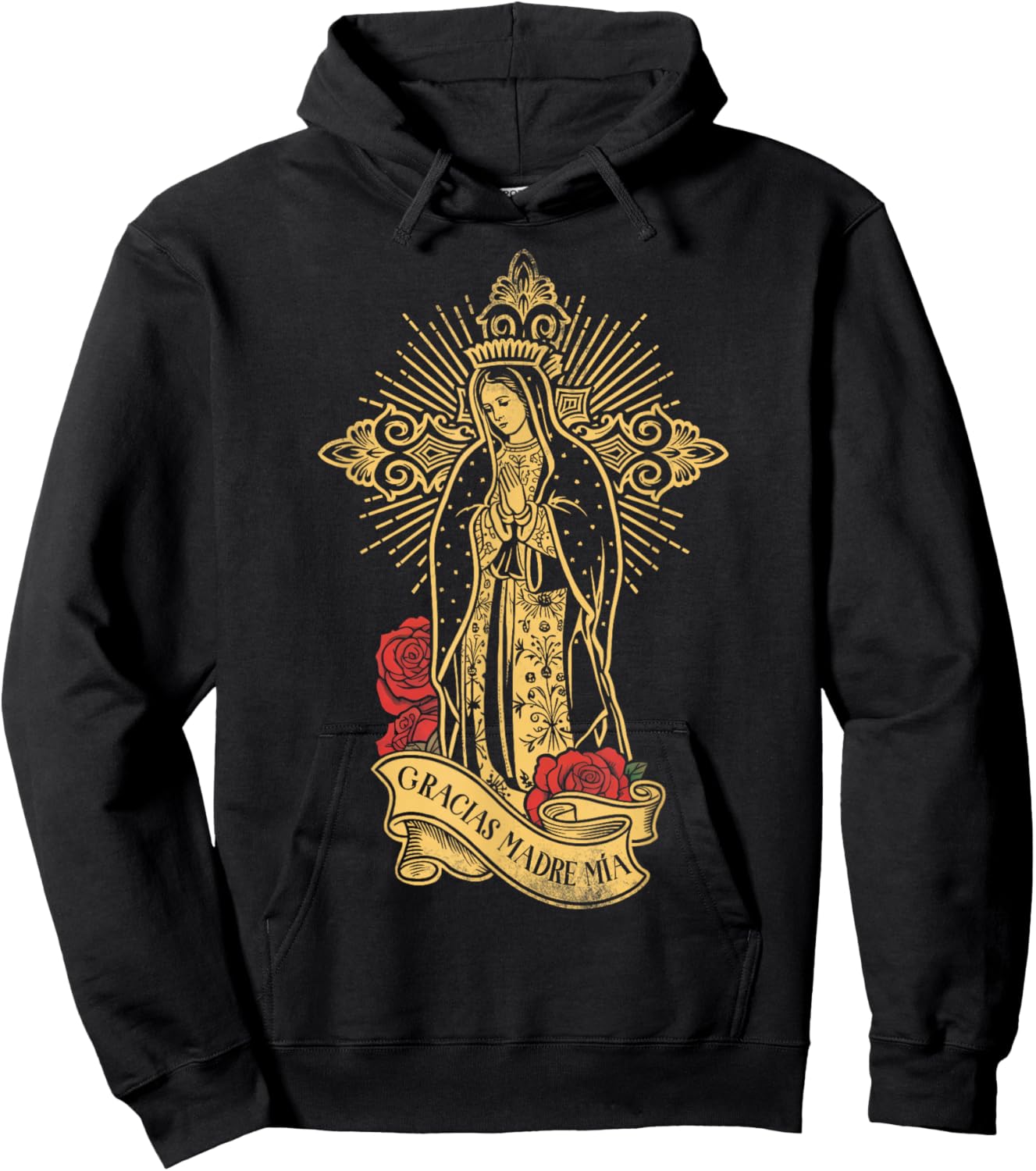 Our Lady of Guadalupe Saint Virgin Mary Rose Floral Catholic Hoodie - Hoodie | Black