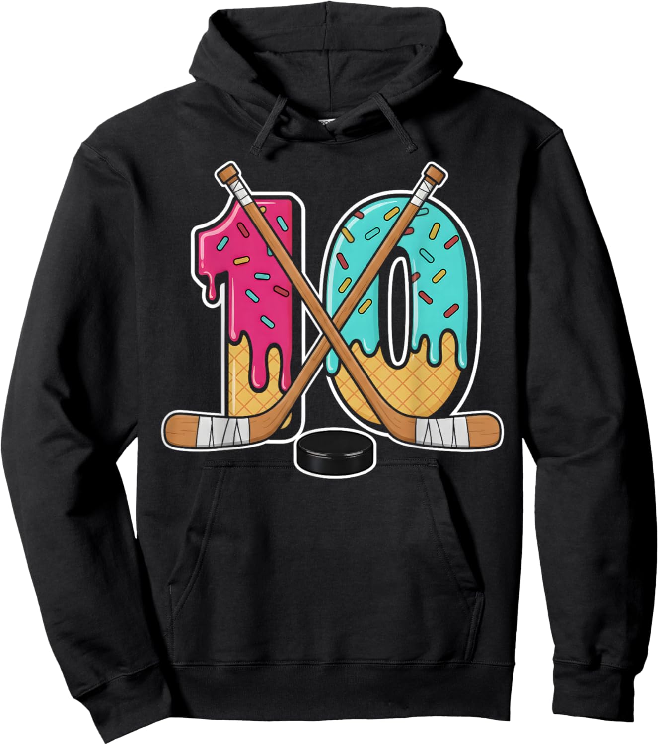 10 Year Old Hockey Ice Cream Drip Youth 10th Birthday Boys Hoodie - Hoodie | Black