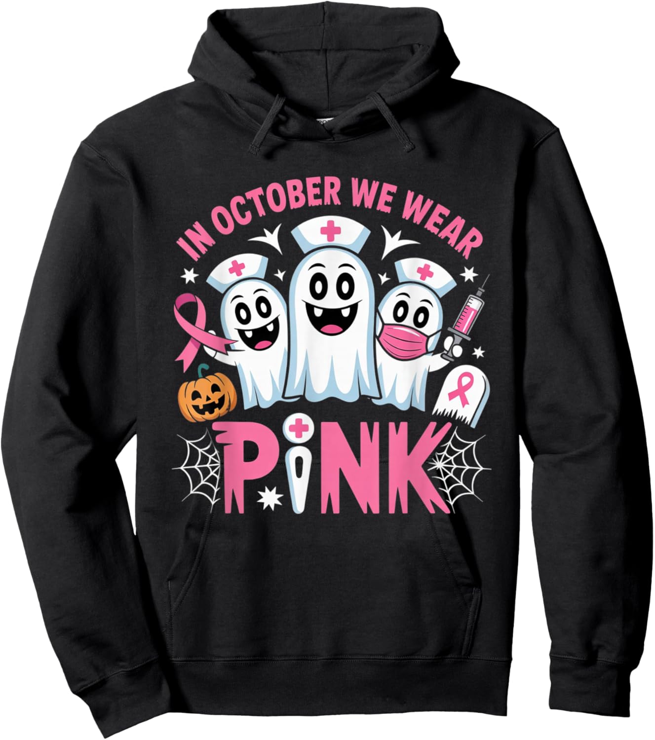 in October We Wear Pink Nurse Ghost Halloween 2025 Hoodie - Hoodie | Black