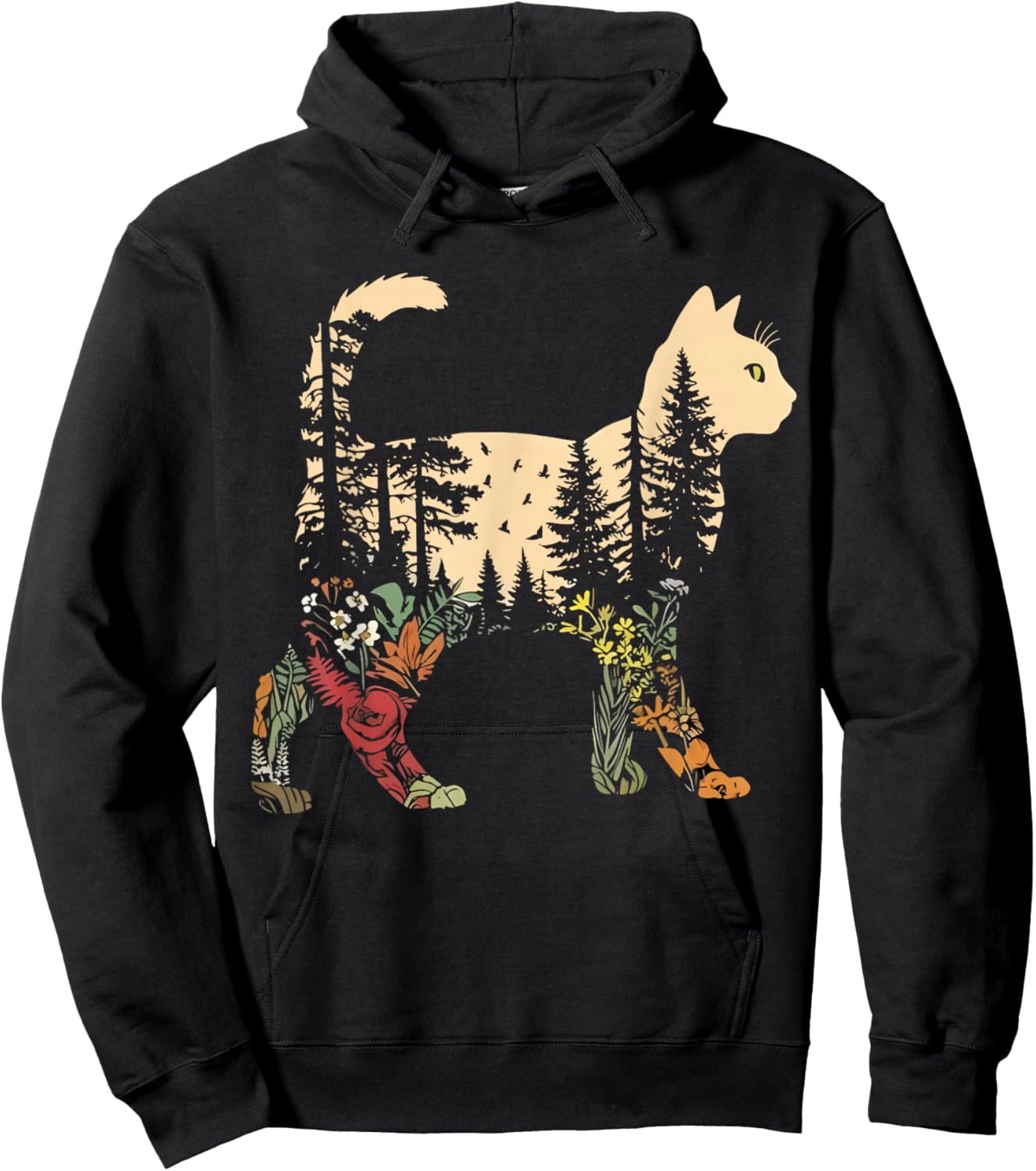 Boho Cat Plants Nature Trees Wild Flowers Women Cat Lovers Hoodie - Hoodie | Black