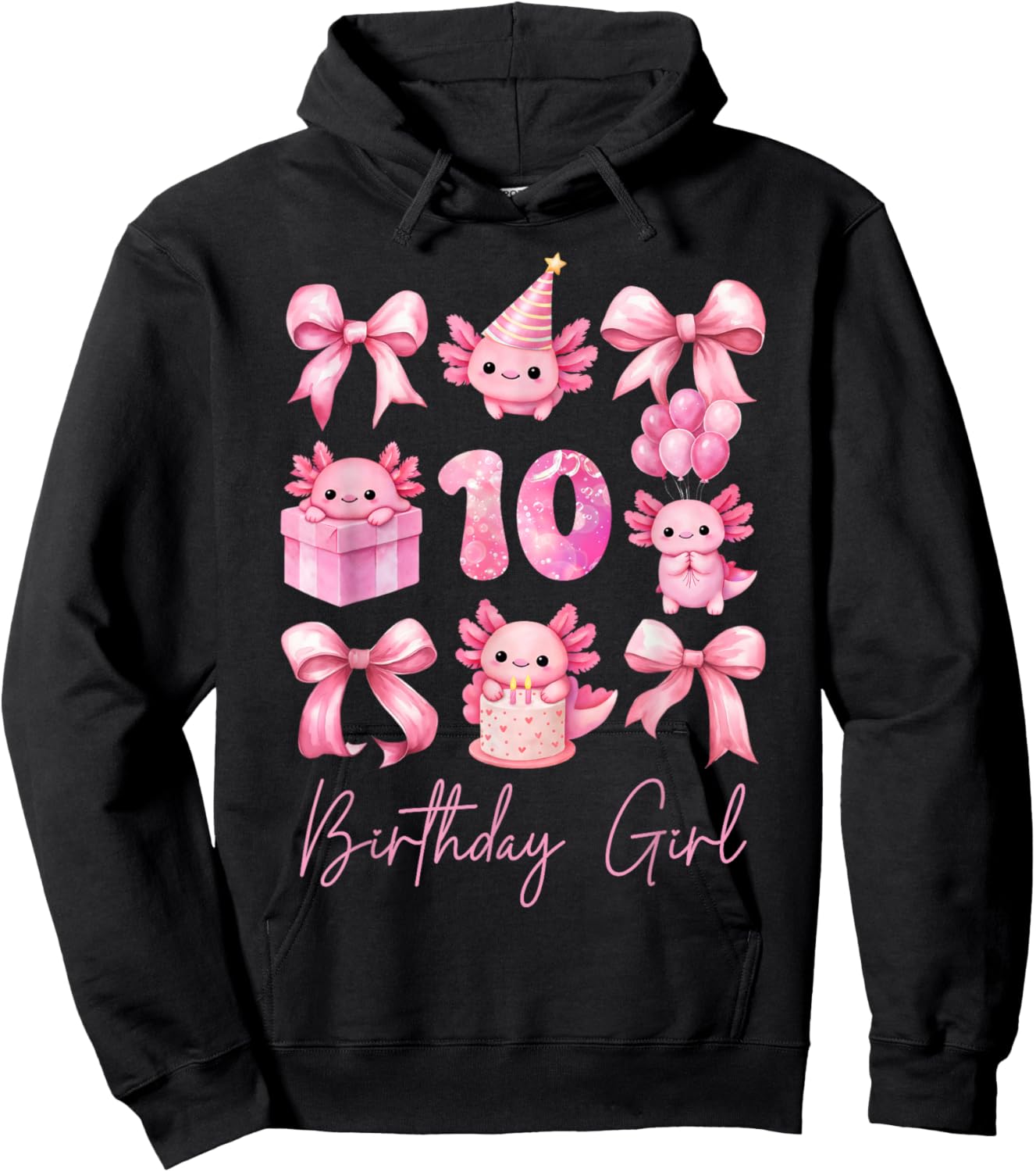 Cute Axolotl 10th Birthday Girl Pink Coquette Bow 10 Yr Old Hoodie - Hoodie | Black