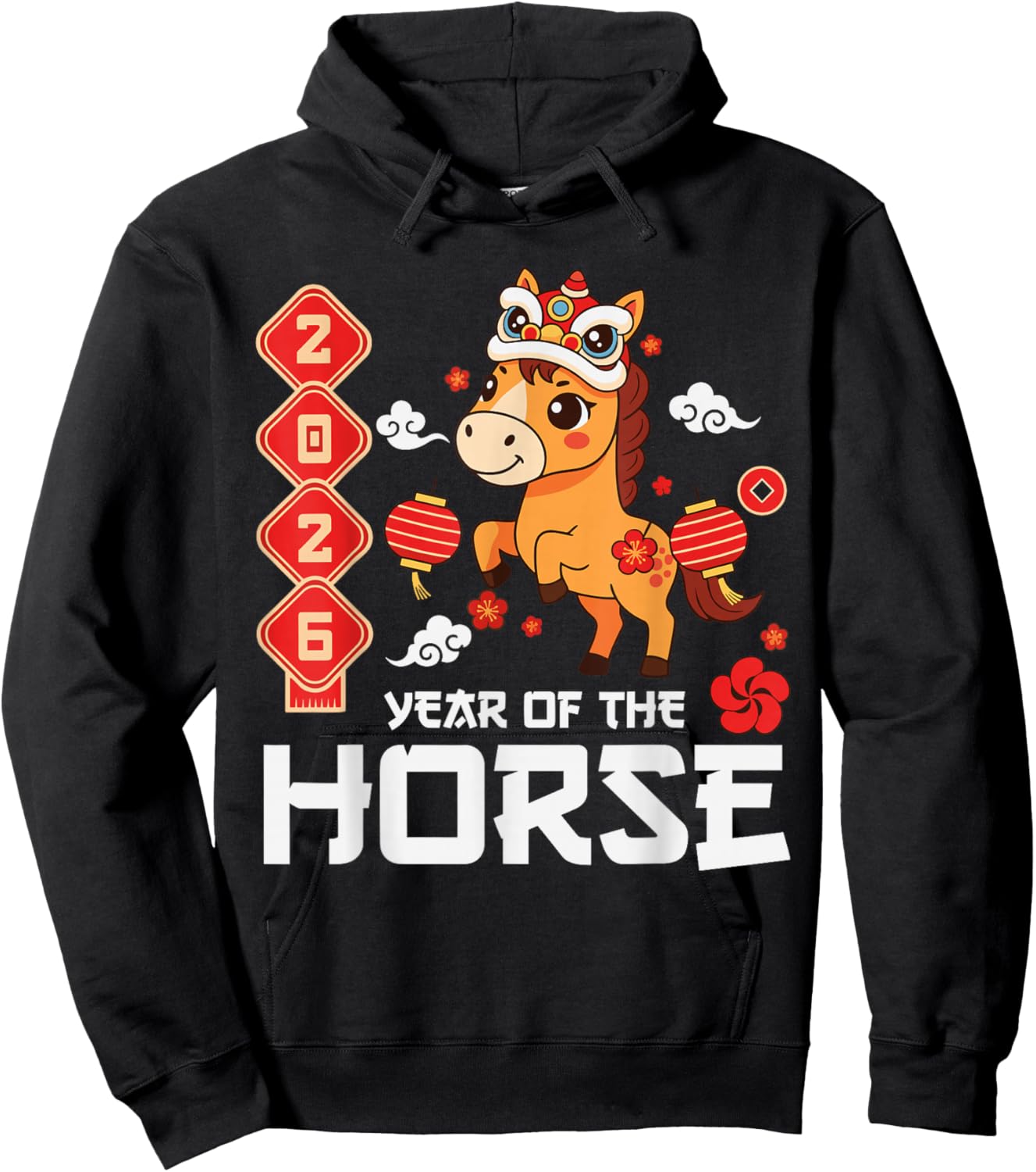 Year of The Horse 2026 Cute Kawaii Chinese New Year Kids Hoodie - Hoodie | Black