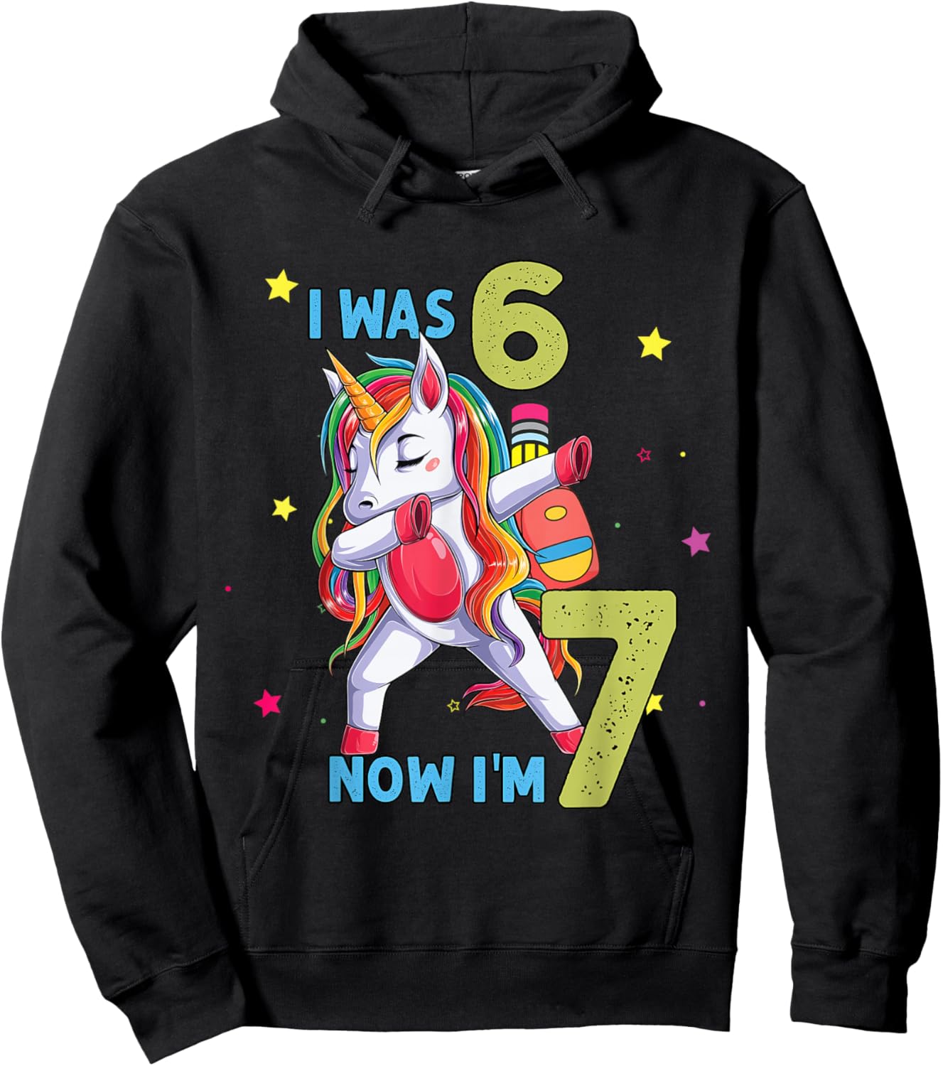 I was Six Now I'm Seven Unicorn 67 Meme 7th Birthday Girl Hoodie - Hoodie | Black