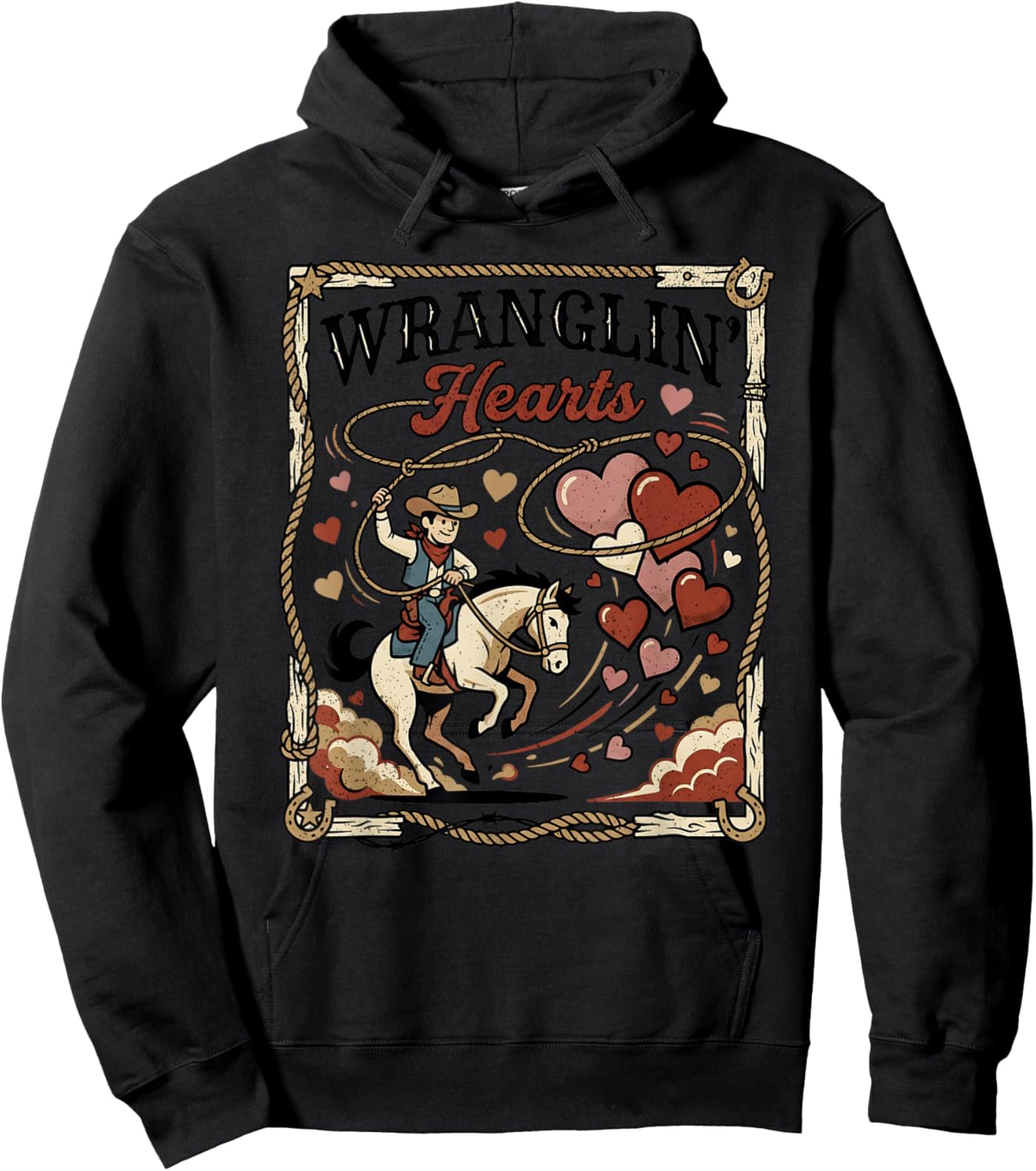 Wranglin Hearts Cowboy Western Valentine Boy Country Design Hoodie - Hoodie | Black