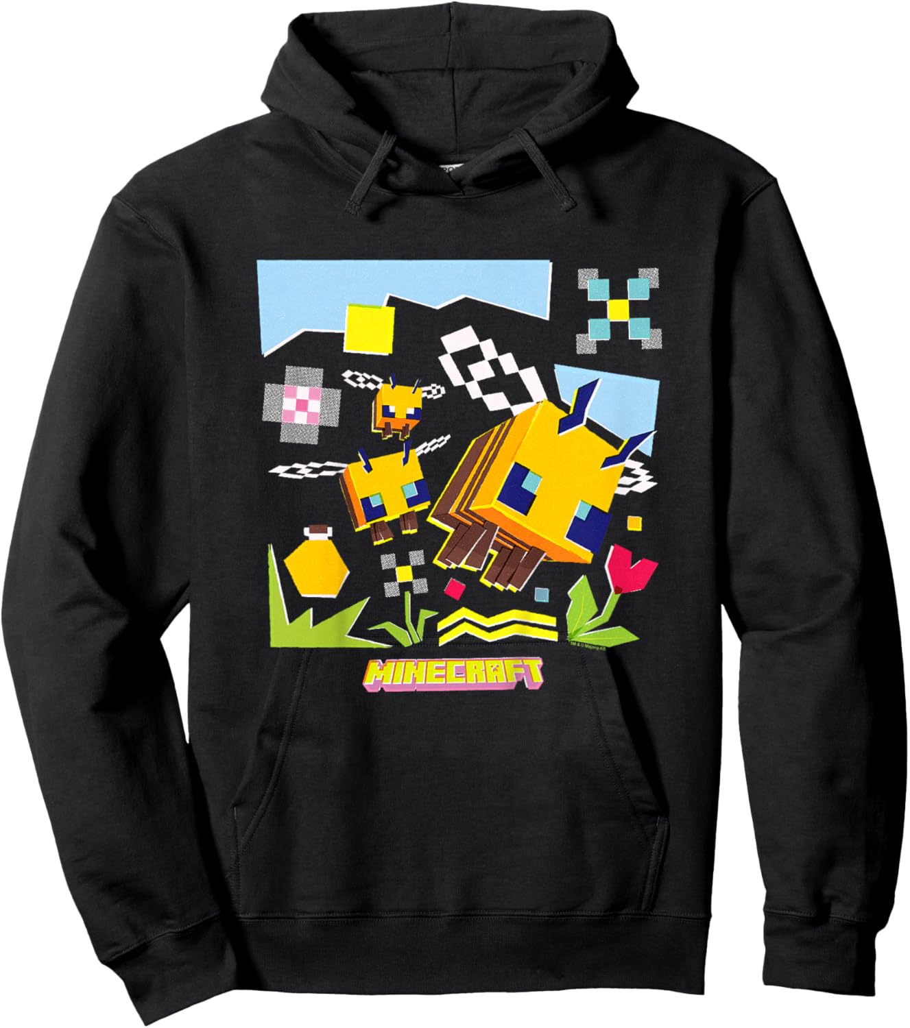 Minecraft Logo Flowers and Bees Flying in The Sky Hoodie - Hoodie | Black