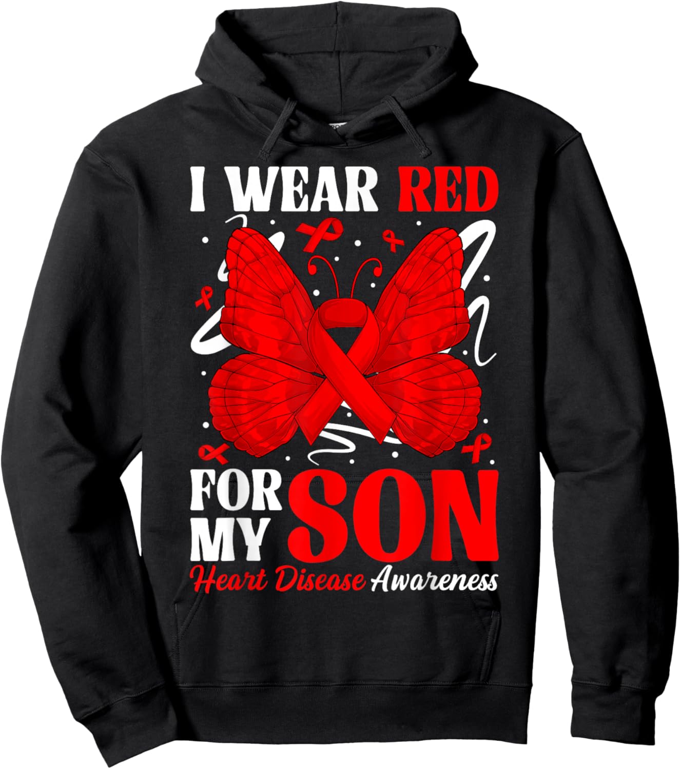 I Wear Red for My Son Heart Disease Awareness Day Butterfly Hoodie - Hoodie | Black