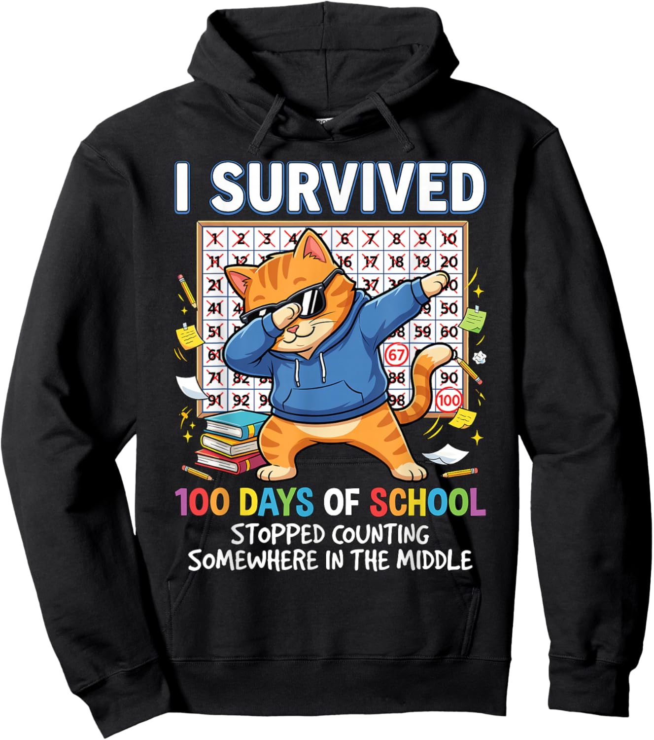 I Survived 100 Days of School Funny Dabbing Cat Student Cool Hoodie - Hoodie | Black