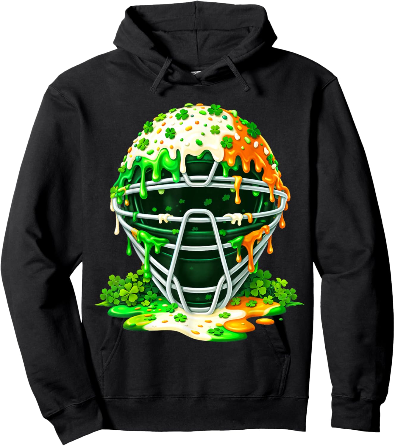 St Patricks Day Baseball Catcher Mask Drip Ice Cream Clover Hoodie - Hoodie | Black