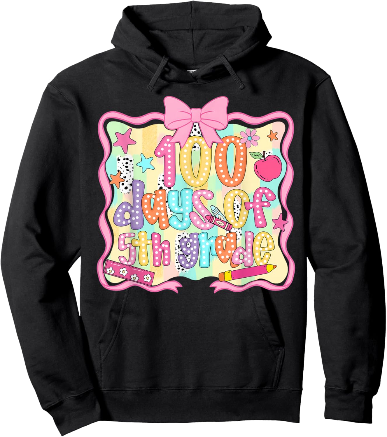 Preppy 100 Days of 5th Grade Teacher Kids Coquette Bow Hoodie - Hoodie | Black