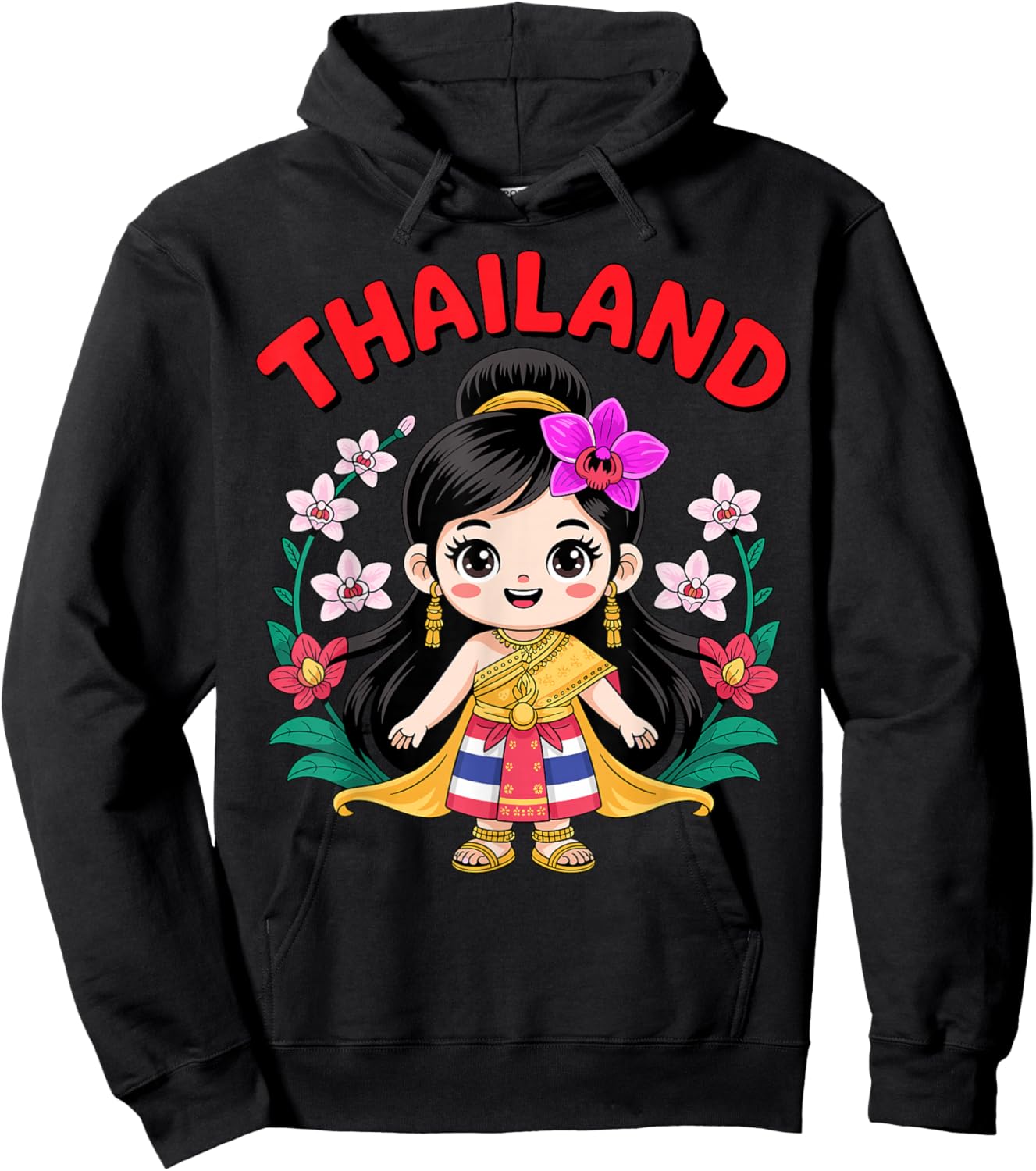 Cute Thailand Girl Traditional Dress with Orchids for Kids Hoodie - Hoodie | Black