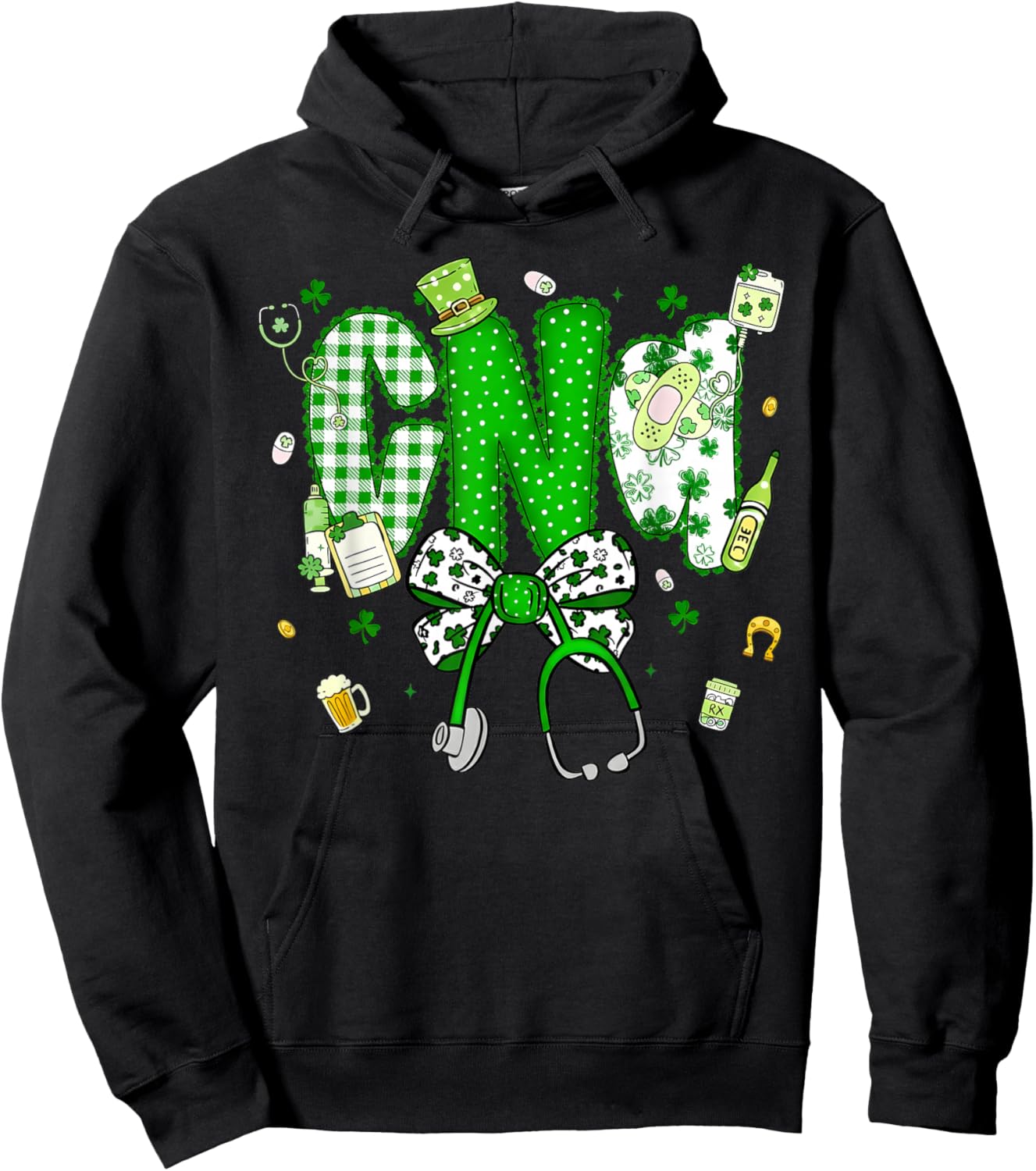 Patrick's Day CNA Coquette Bow Stethoscope Shamrock Hoodie - Hoodie | Black