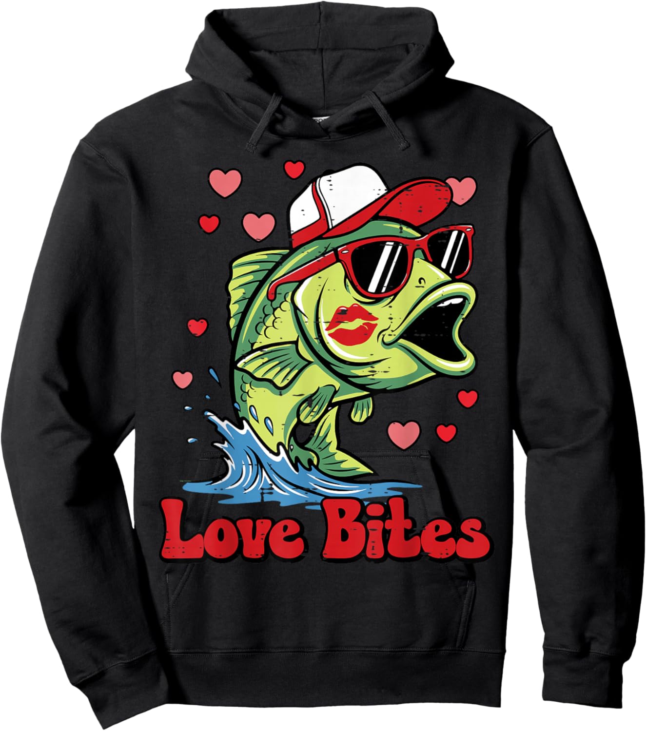 Valentines Day Bass Fish Love Bites Fisherman Men Women Kids Hoodie - Hoodie | Black