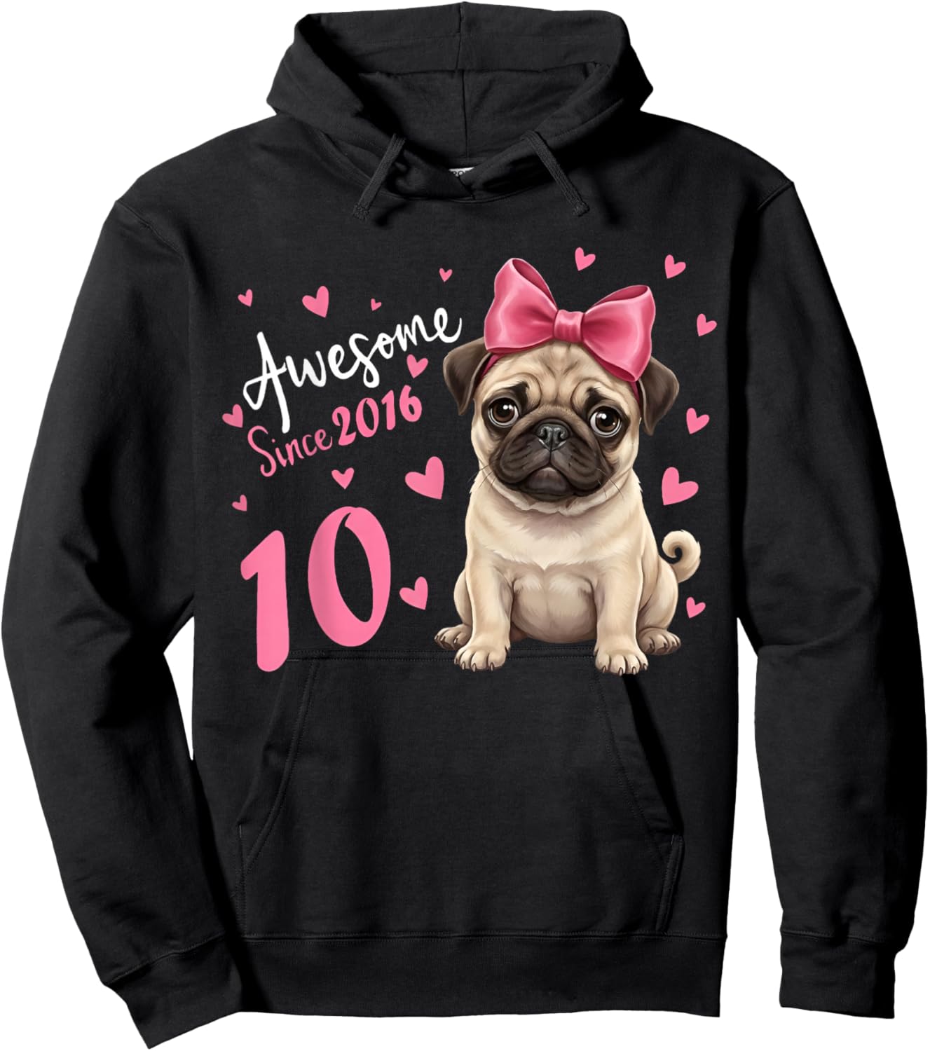 Girls 10 Years Old Pug Birthday Girl 10th Party Dog Birthday Hoodie - Hoodie | Black