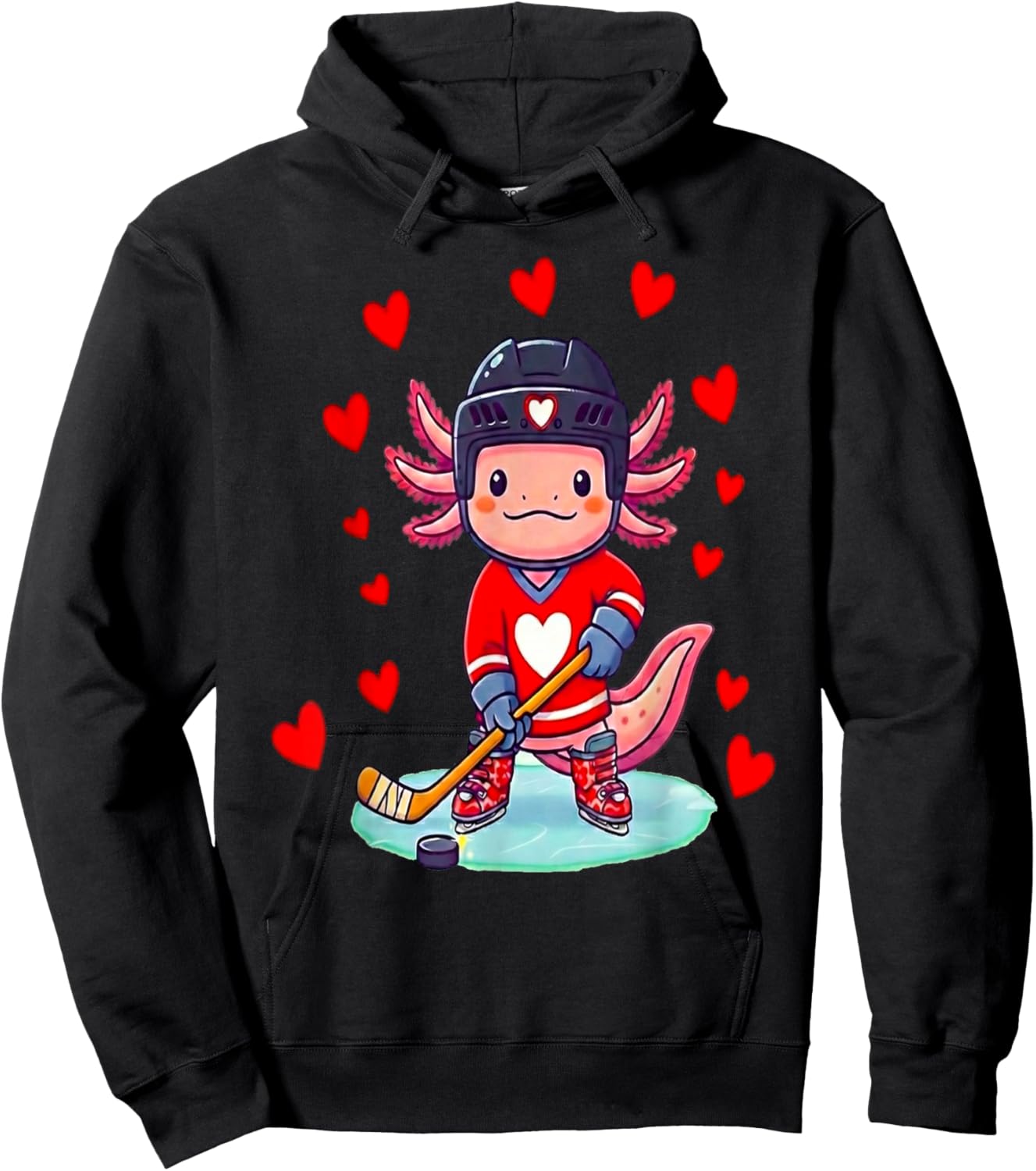 Axolotl Hearts Costume Playing Ice Hockey Valentines Day Hoodie - Hoodie | Black