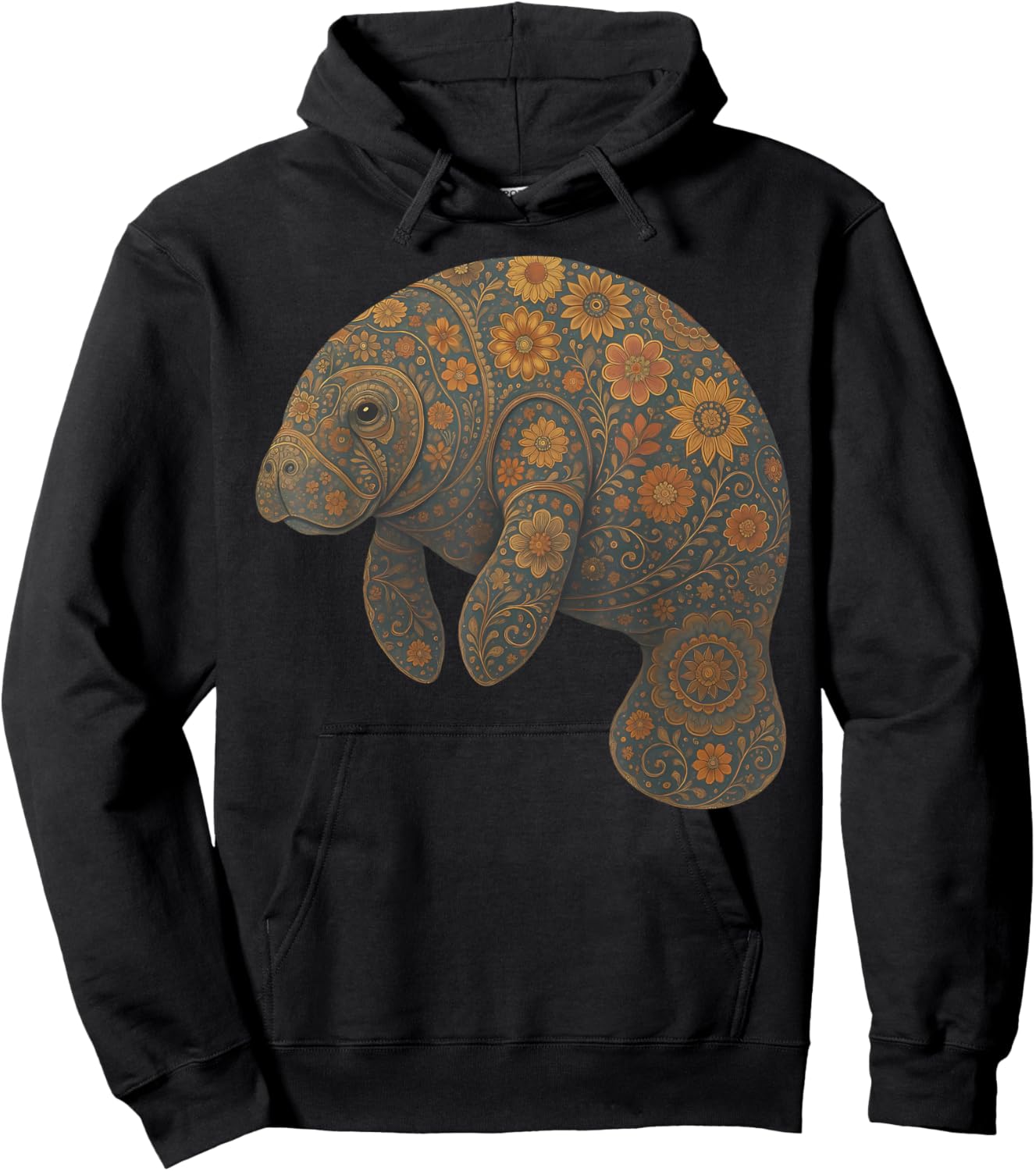 Boho Floral Manatee Whimsical Wildlife Mandala Sea Cow Ocean Hoodie - Hoodie | Black