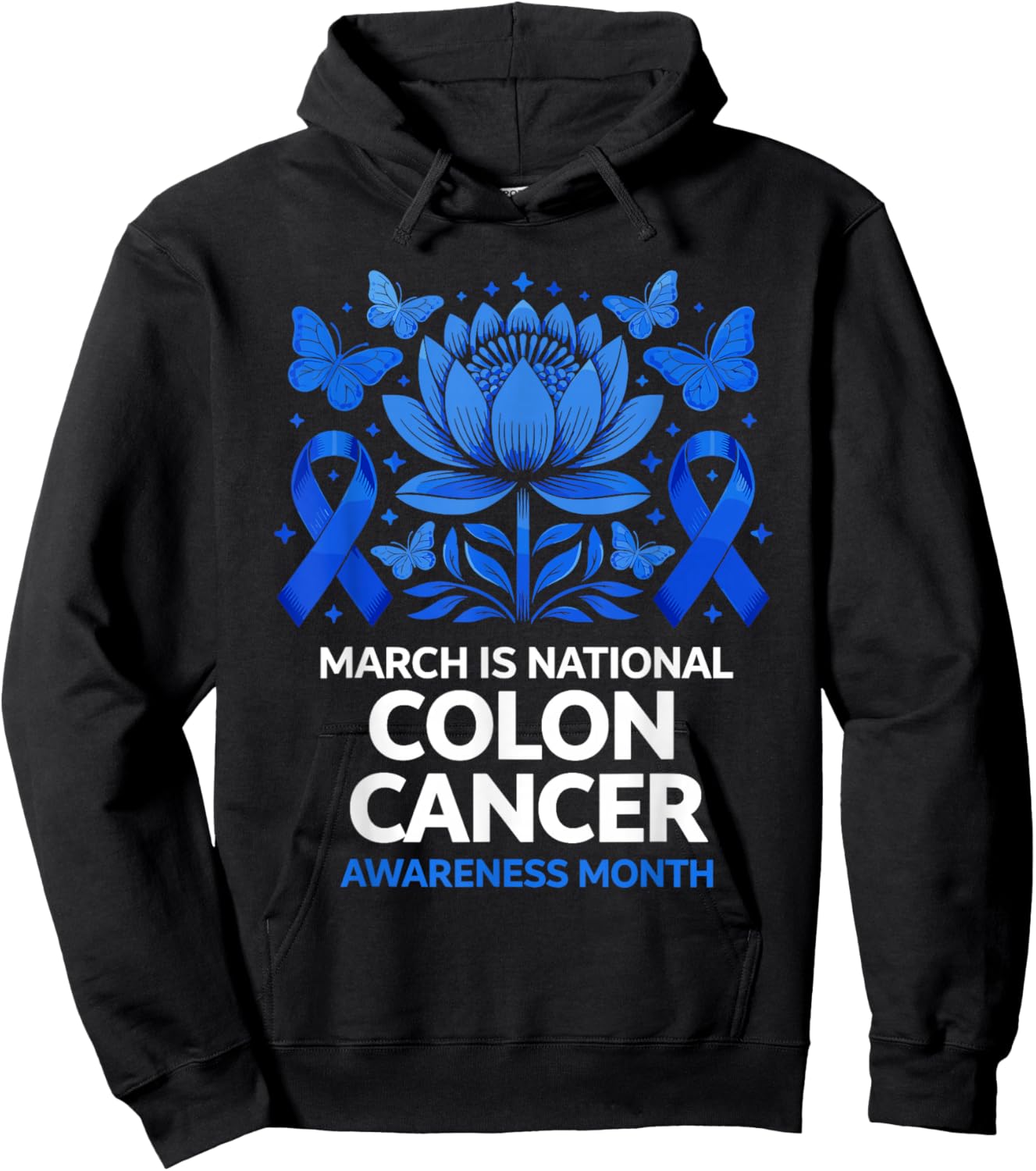 Colon Cancer Awareness in March Blue Ribbon Hoodie - Hoodie | Black